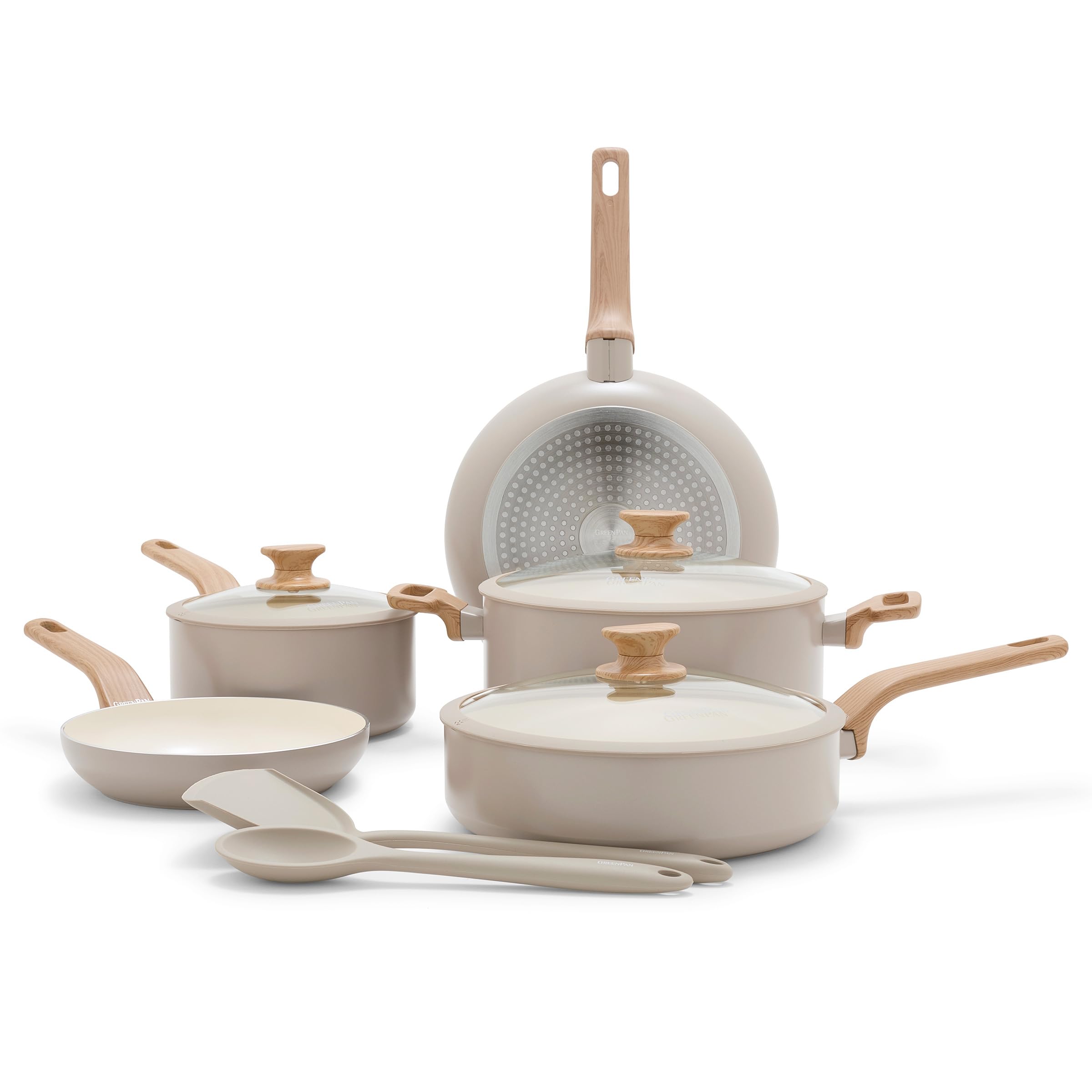 GreenPan Rio Essence Wood 10-Piece Cookware Set — Ceramic Nonstick, Induction, Silicone-Rim Lids, Wood-Print Handles, Taupe