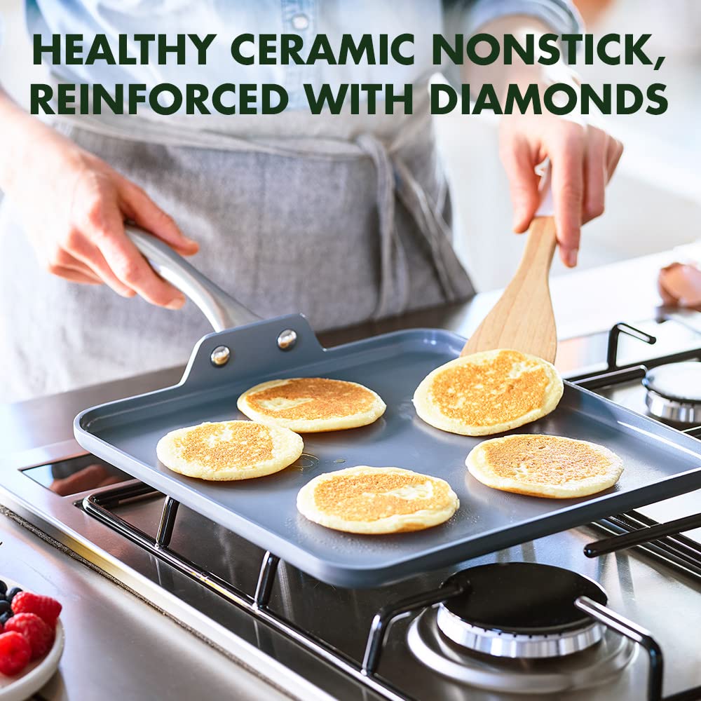 GreenPan Lima 11" Square Griddle Pan, Hard Anodized, Ceramic Nonstick, Stainless Steel Handle, Gray