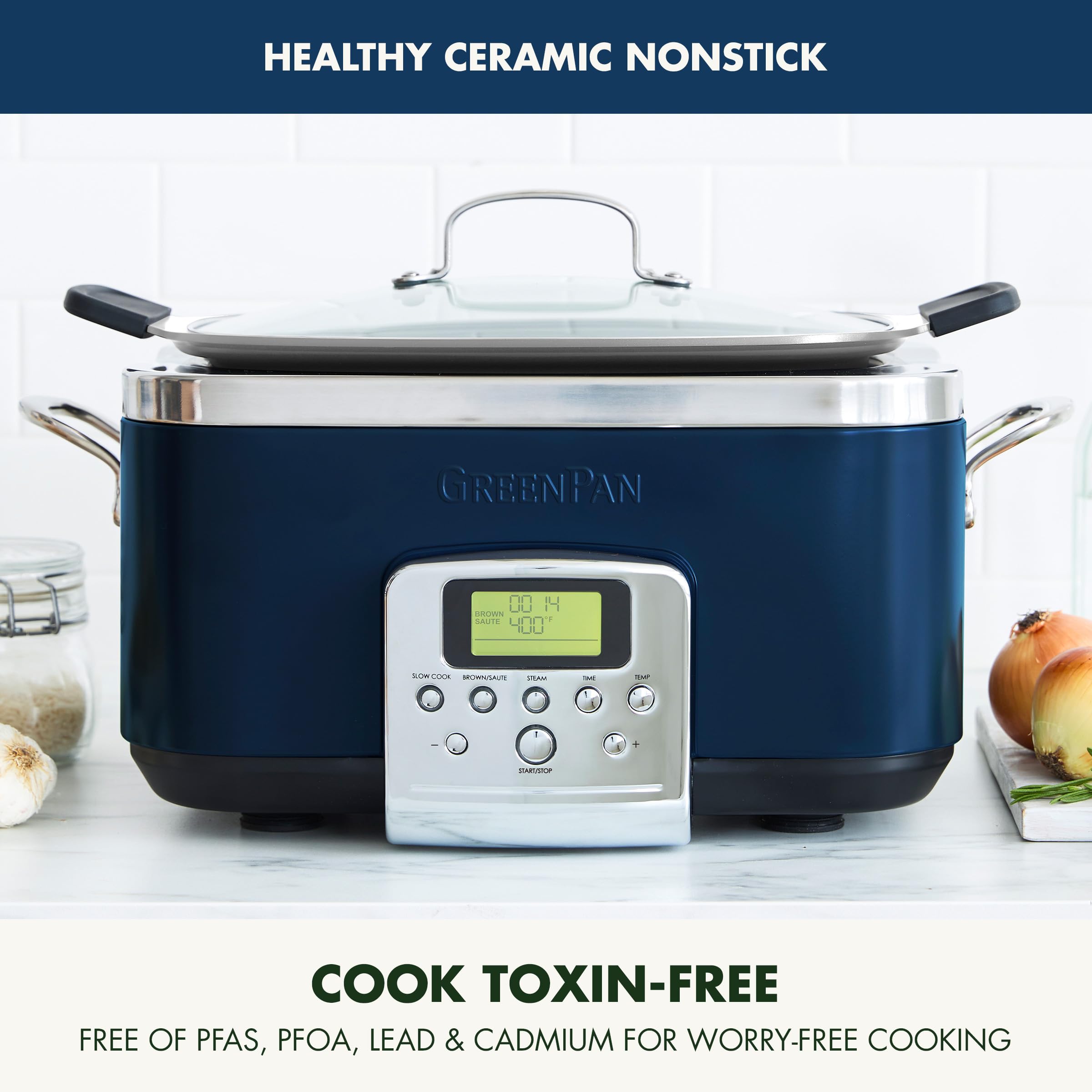 GreenPan Elite 8-in-1 Programmable 6-Quart Electric Slow Cooker, PFAS-Free Ceramic Nonstick, Oxford Blue