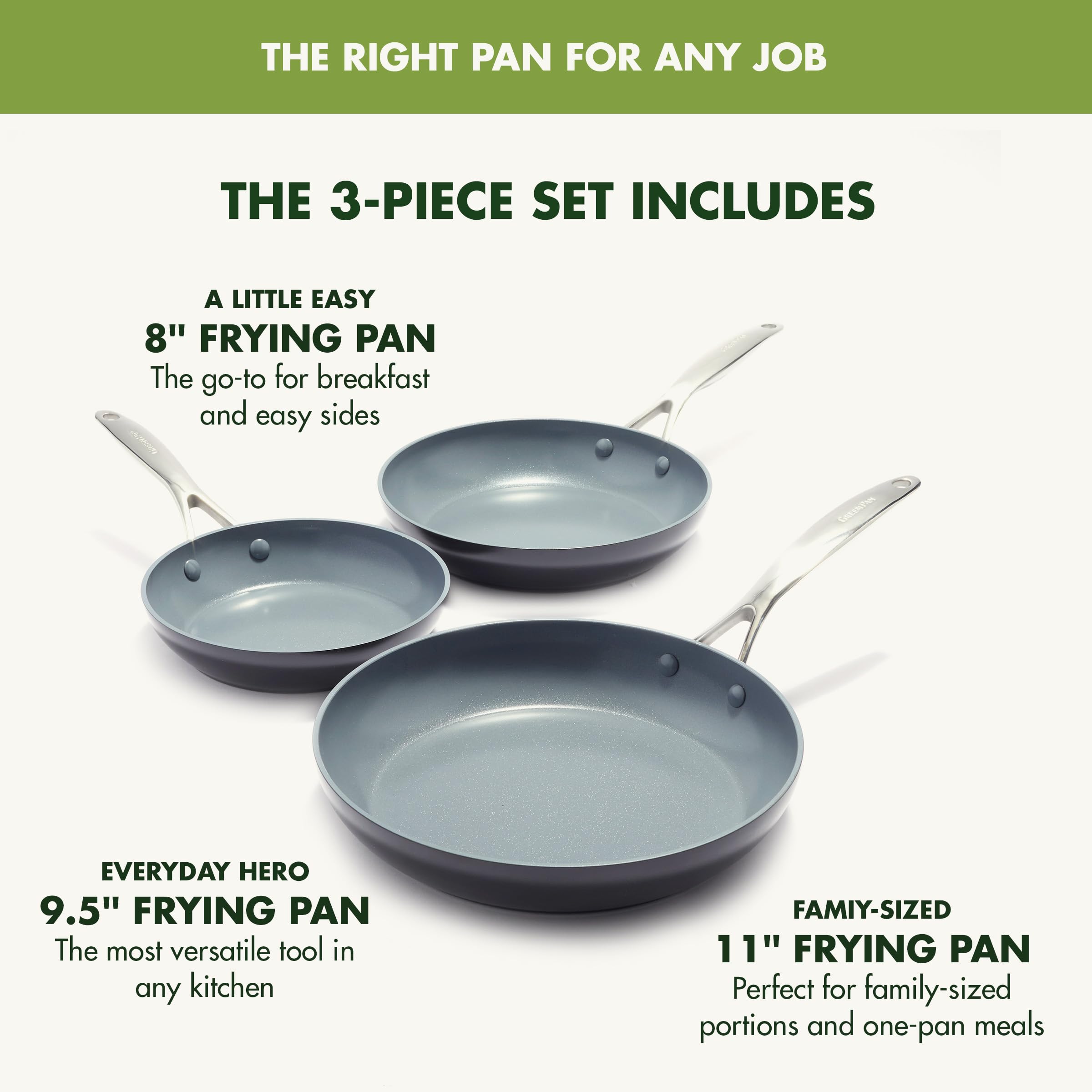 GreenPan Valencia Pro Ceramic Nonstick 3-Piece Fry Pan Set (8", 9.5", 11")