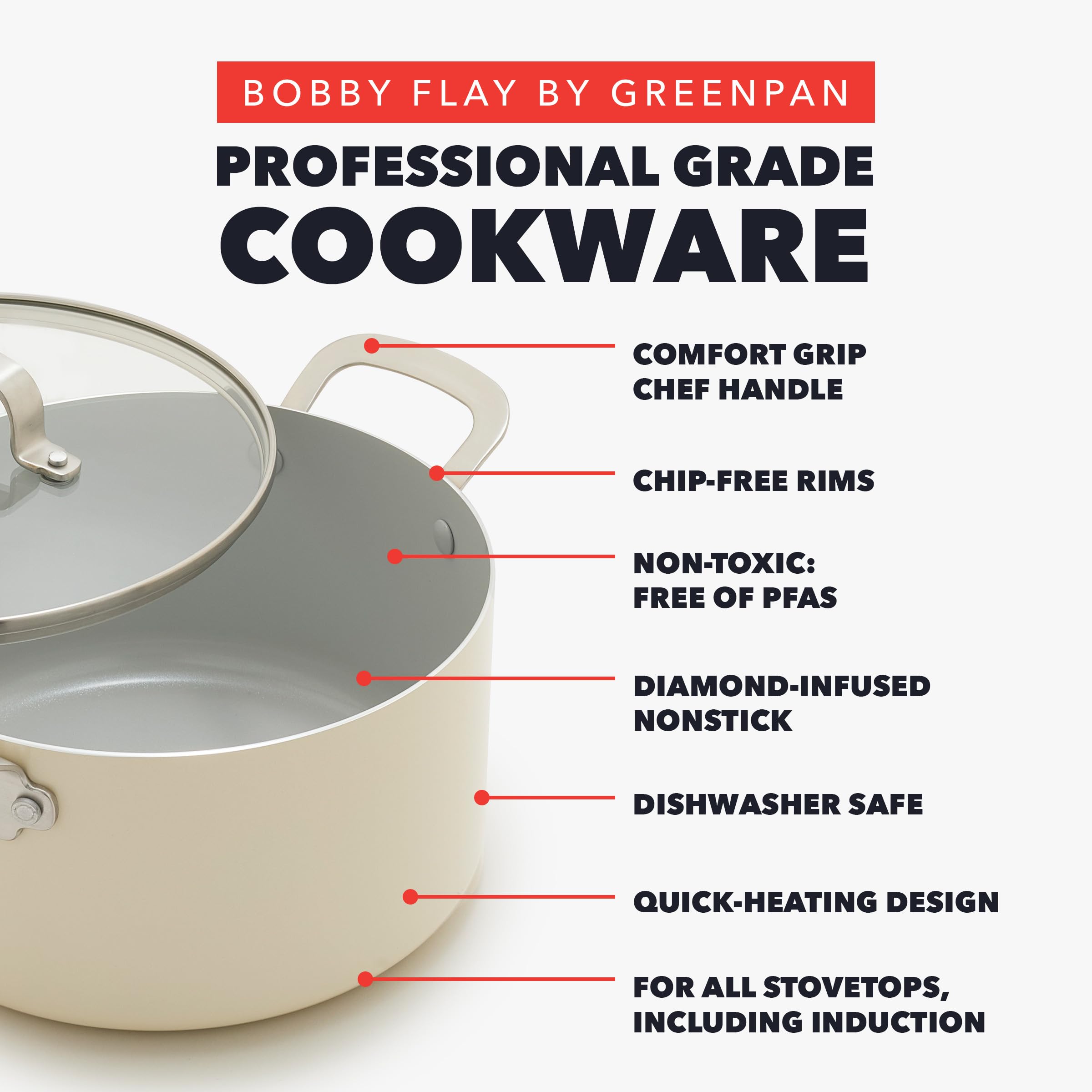 GreenPan x Bobby Flay 6QT Diamond Ceramic Nonstick Stockpot with Glass Lid