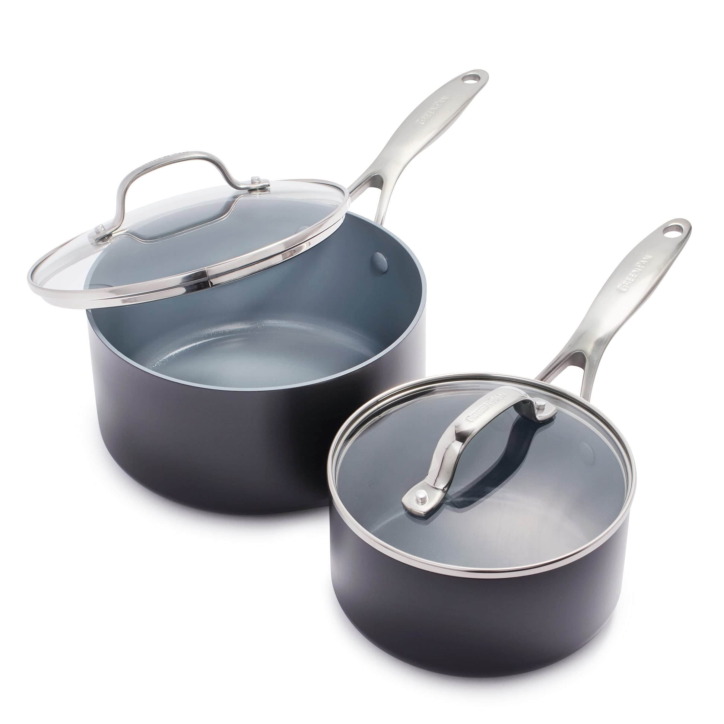 GreenPan Valencia Pro Ceramic Nonstick 1.66QT & 3.3QT Saucepan Set – Hard Anodized, PFAS-Free, Induction Ready, Gray