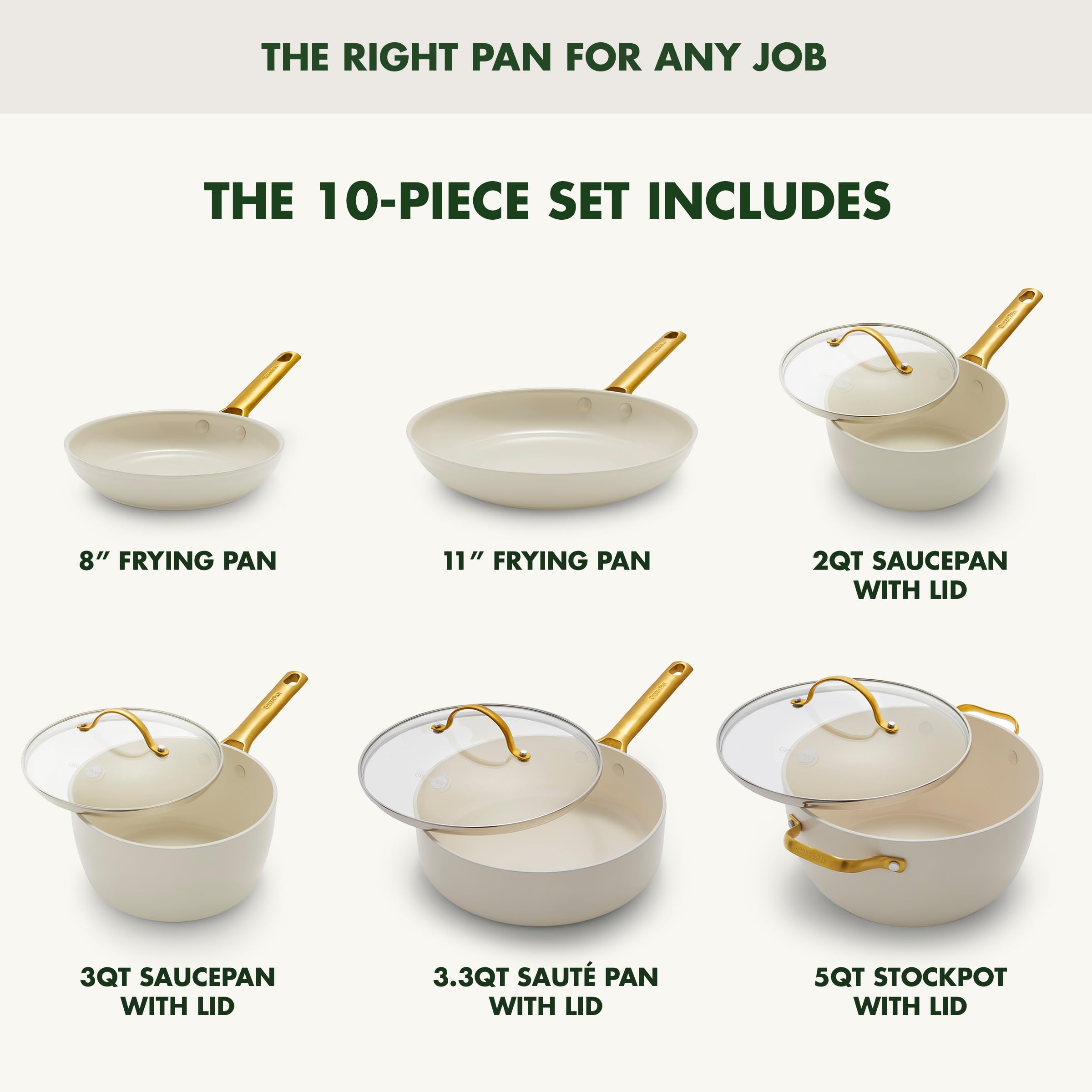 GreenPan Reserve Duoforged Hard Anodized 10-Piece Ceramic Nonstick Cookware Set with Gold-Tone Handles, Cream White