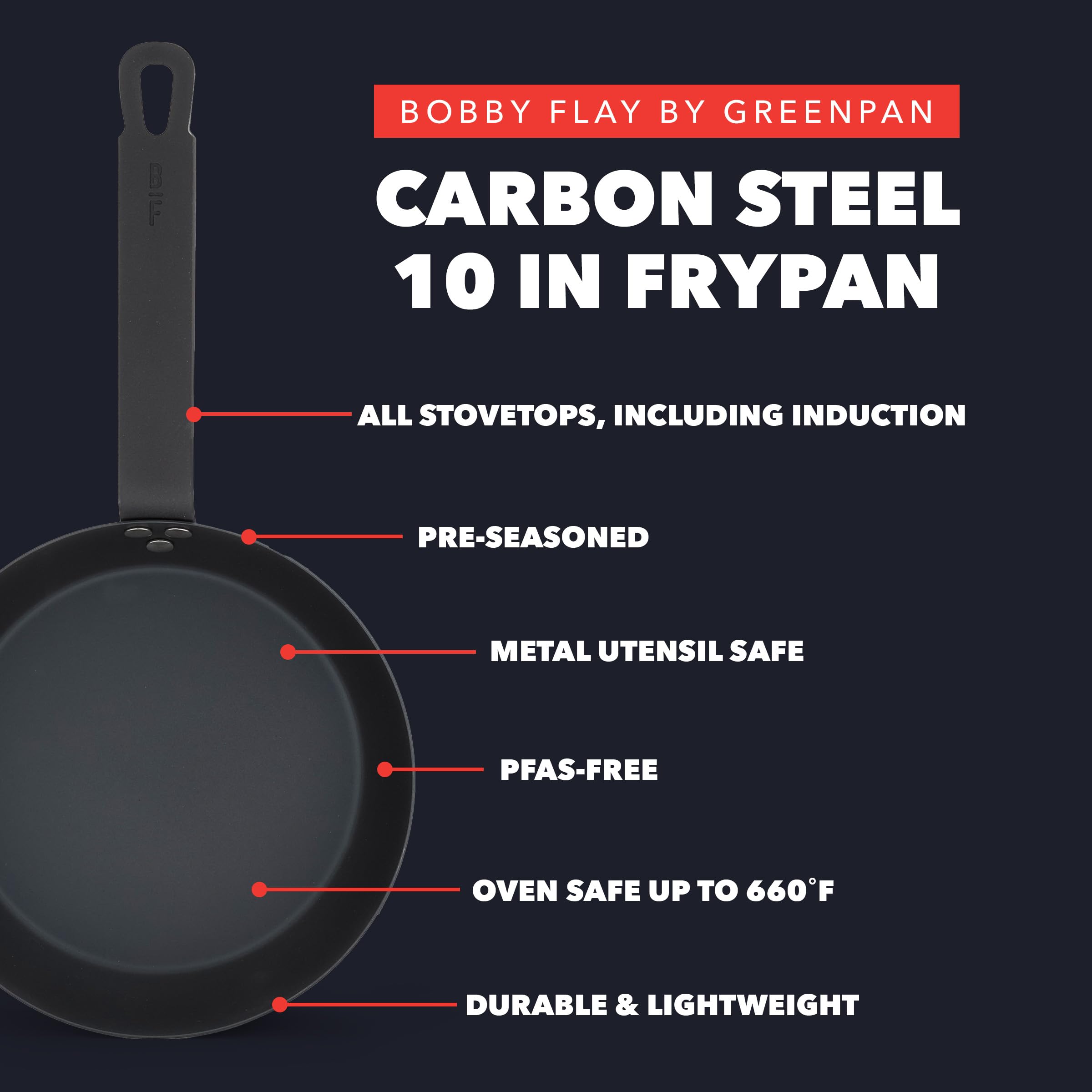 GreenPan x Bobby Flay 10 Inch Carbon Steel Frying Pan, Pre-Seasoned