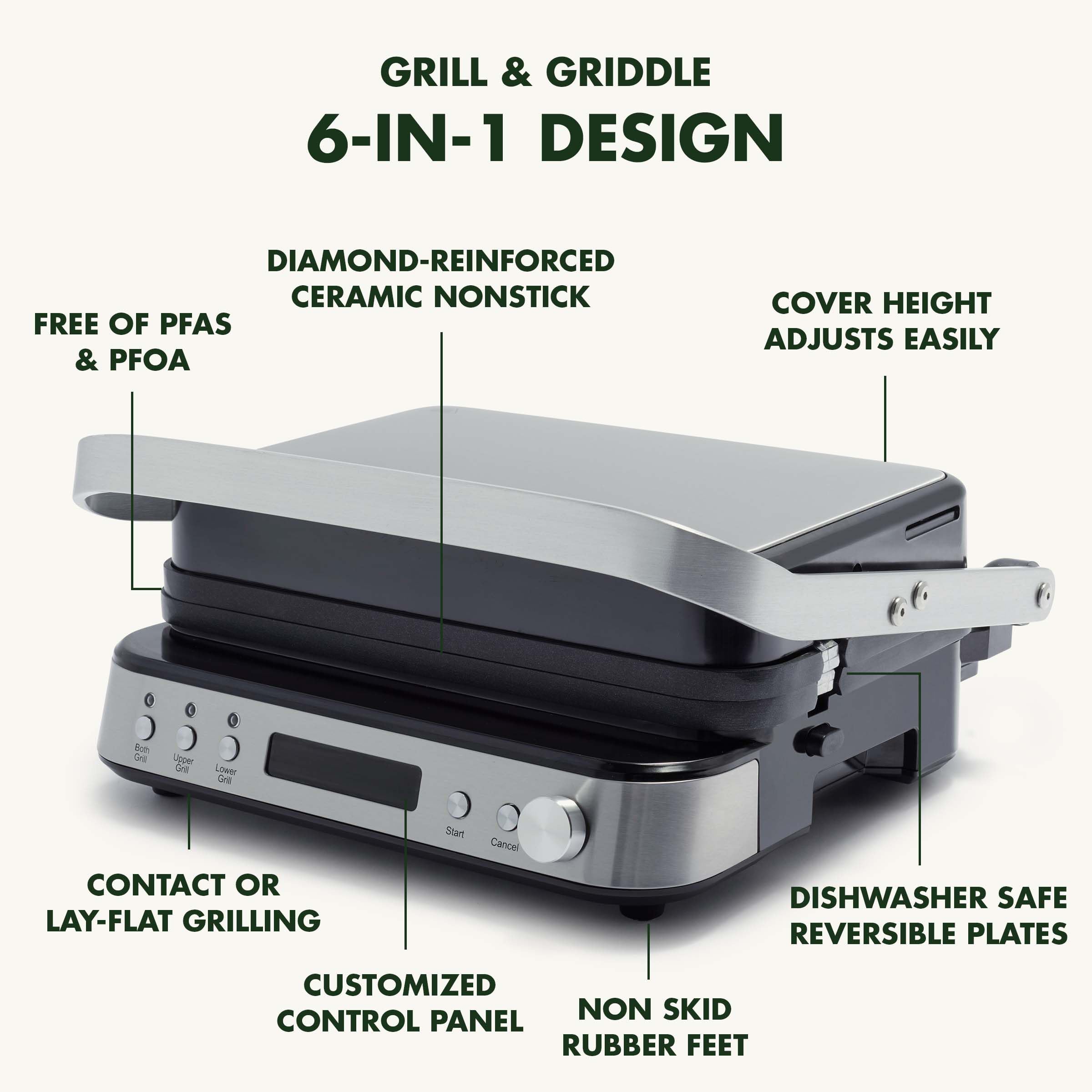 GreenPan Electric Indoor Stainless Steel 6-in-1 Contact Grill and Griddle