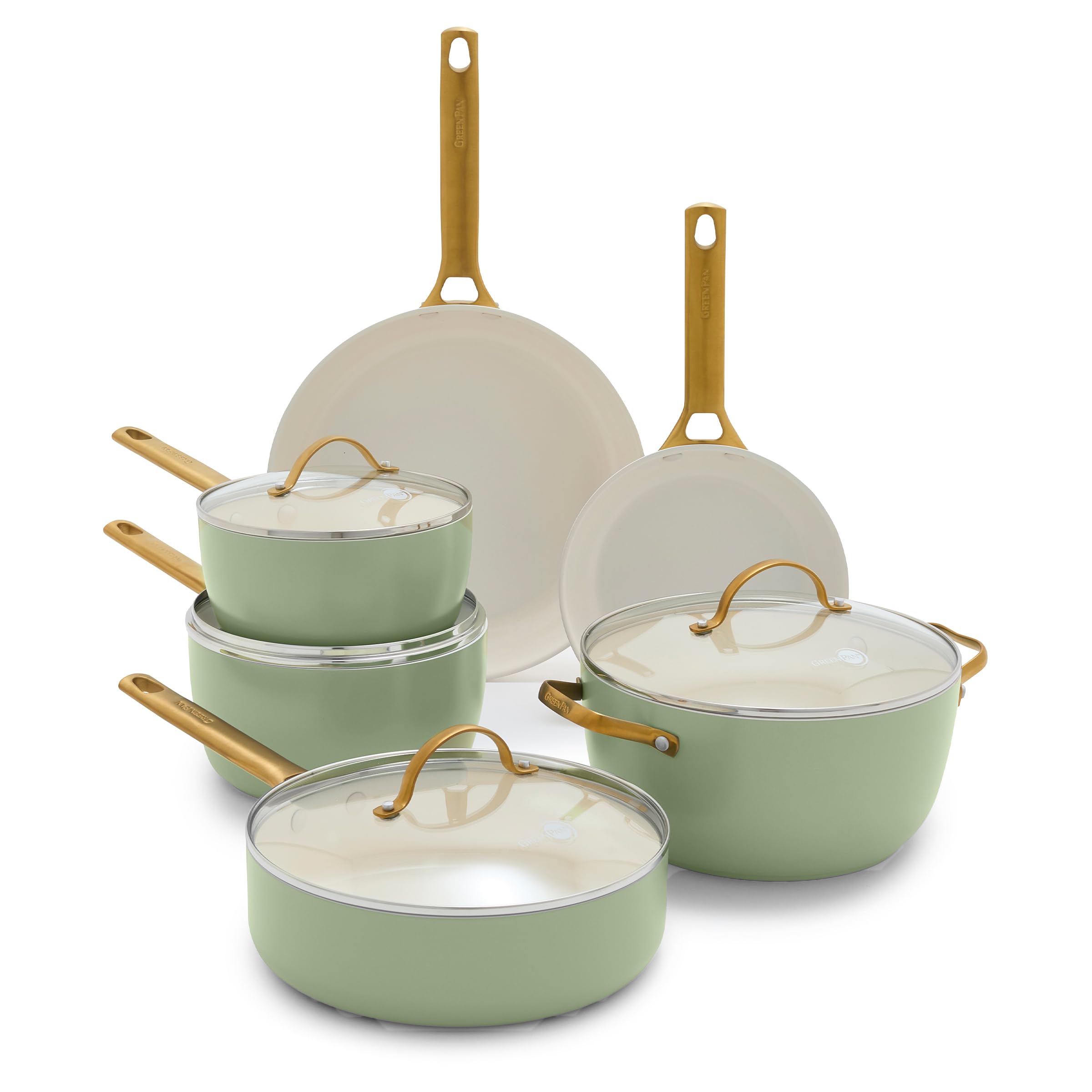GreenPan Reserve Duoforged Hard Anodized 10-Piece Ceramic Nonstick Cookware Set with Gold-Tone Handles, Sage Green