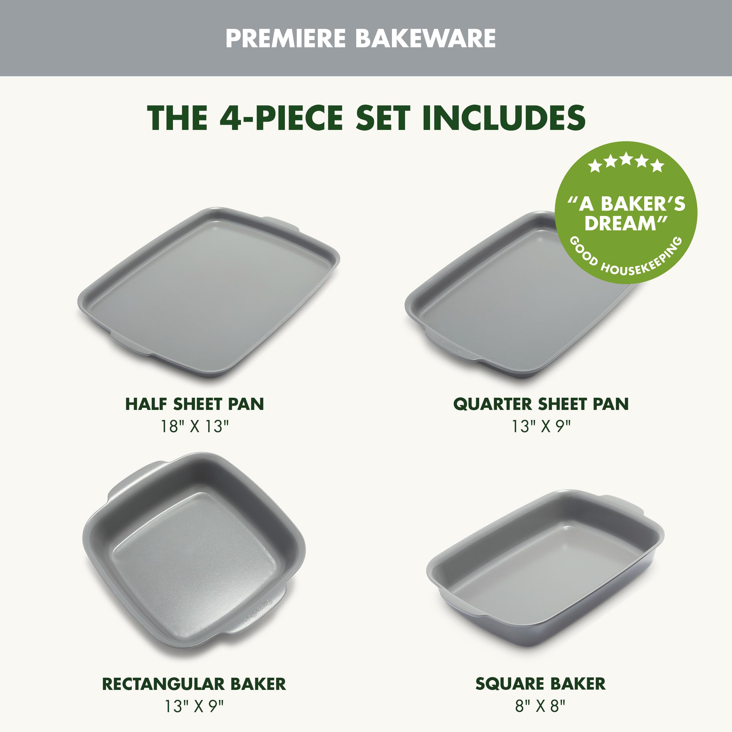 GreenPan Premiere Ovenware 4-Piece Ceramic Nonstick Bakeware Set — Gray