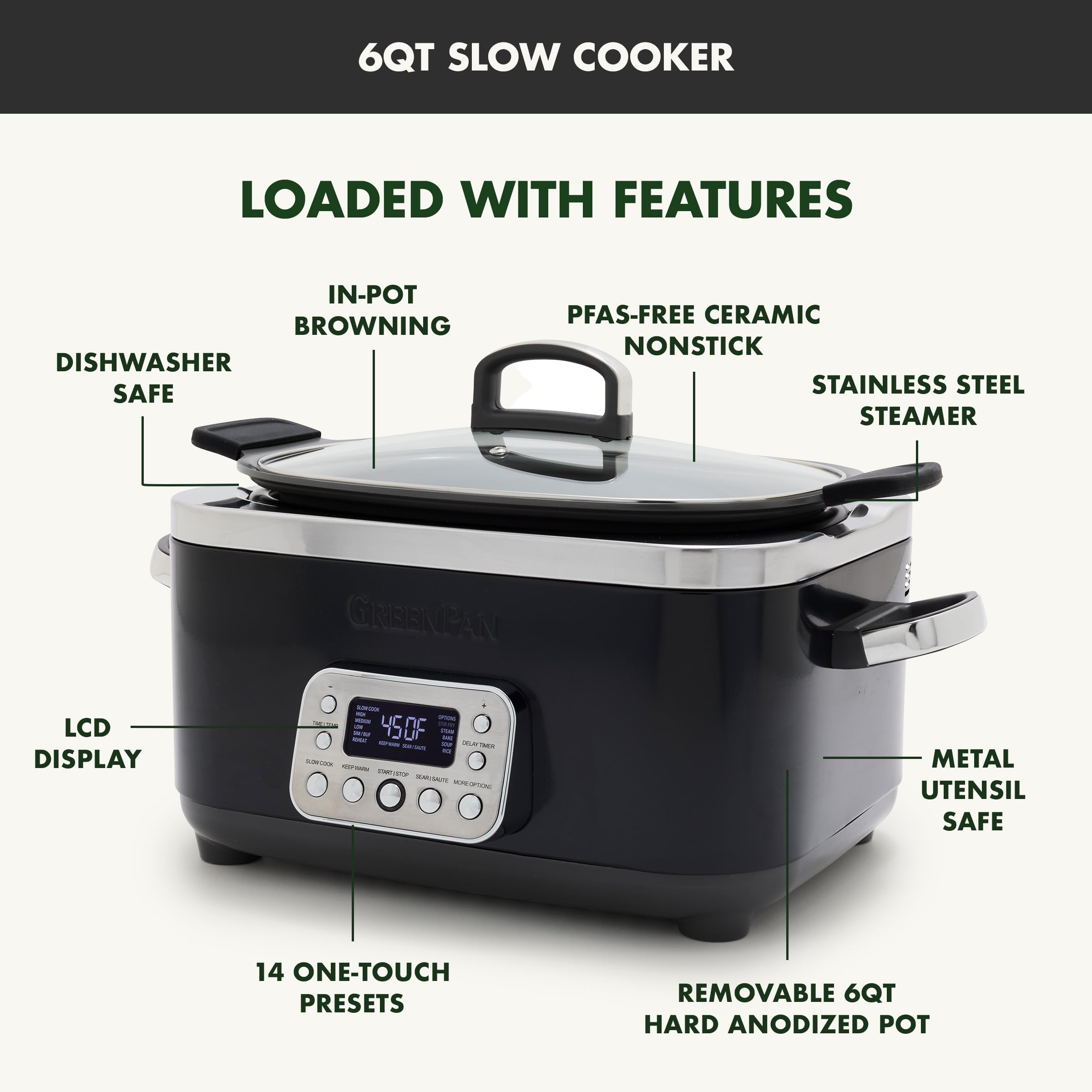 GreenPan Elite 14-in-1 Nonstick 6-Quart Electric Slow Cooker with Thermolon Volt Ceramic Nonstick, Black