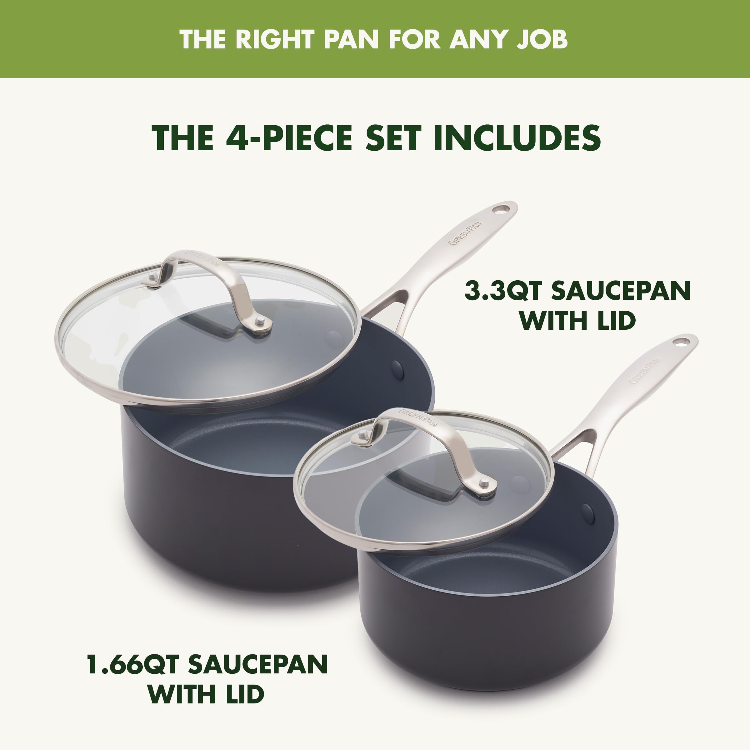 GreenPan Valencia Pro Ceramic Nonstick 1.66QT & 3.3QT Saucepan Set – Hard Anodized, PFAS-Free, Induction Ready, Gray