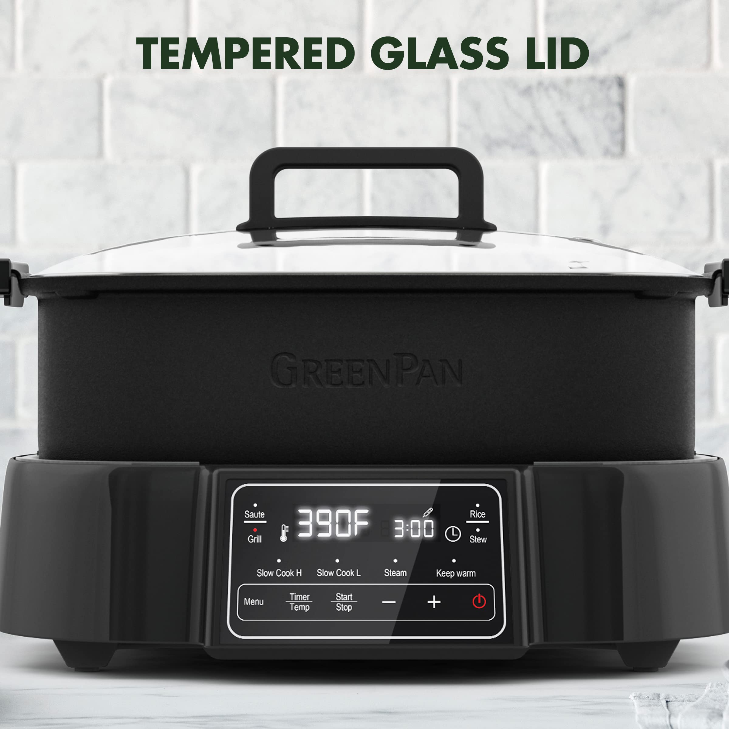 GreenPan Bistro 6.5QT Multi-Cooker Skillet — 8-in-1 Electric Slow Cooker, Grill, Griddle, Steamer, Rice Cooker, PFAS-Free Ceramic Nonstick, Matte Black