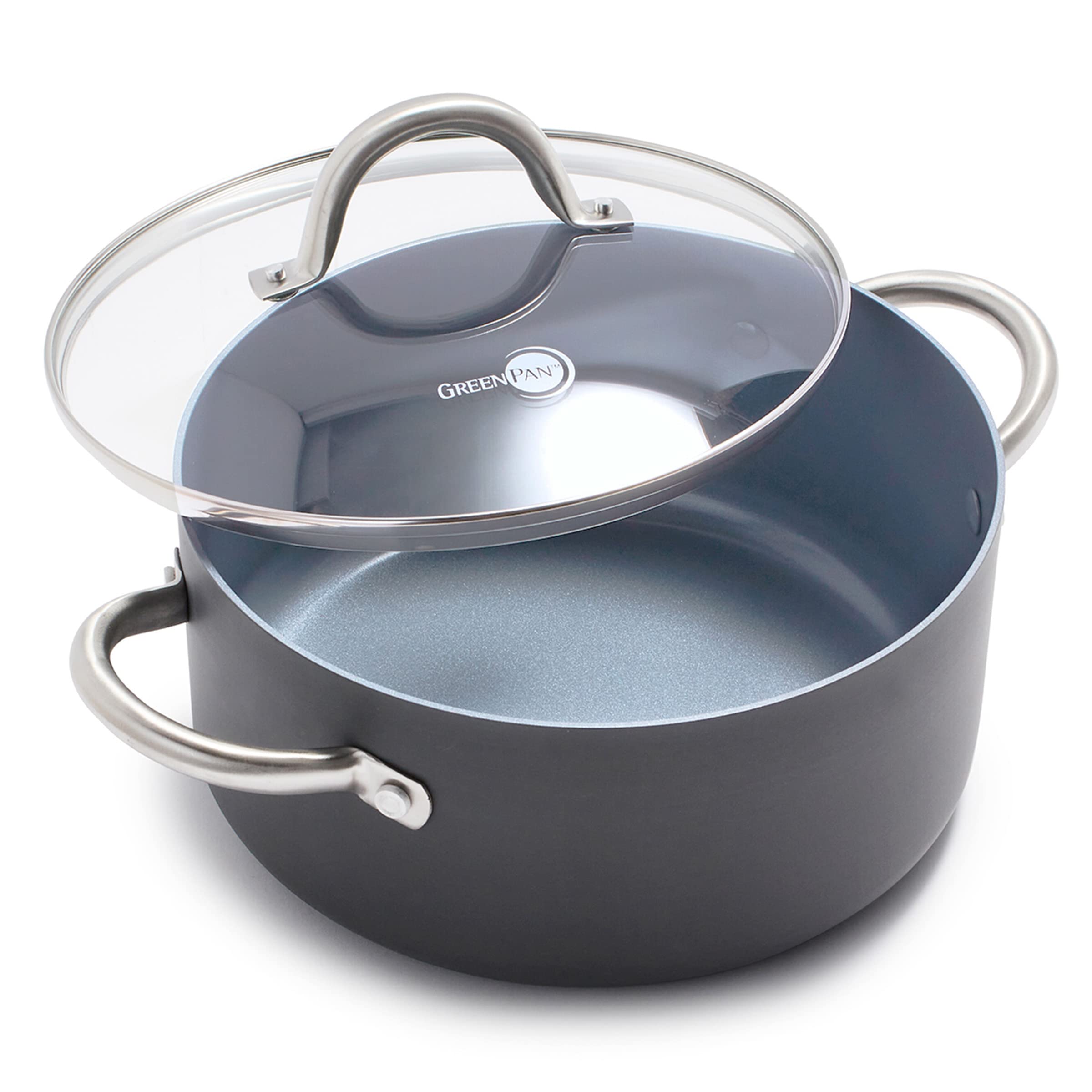 GreenPan Lima 5.2QT Nonstick Stock Pot with Glass Lid, Hard Anodized, Stainless Steel Handles, Gray