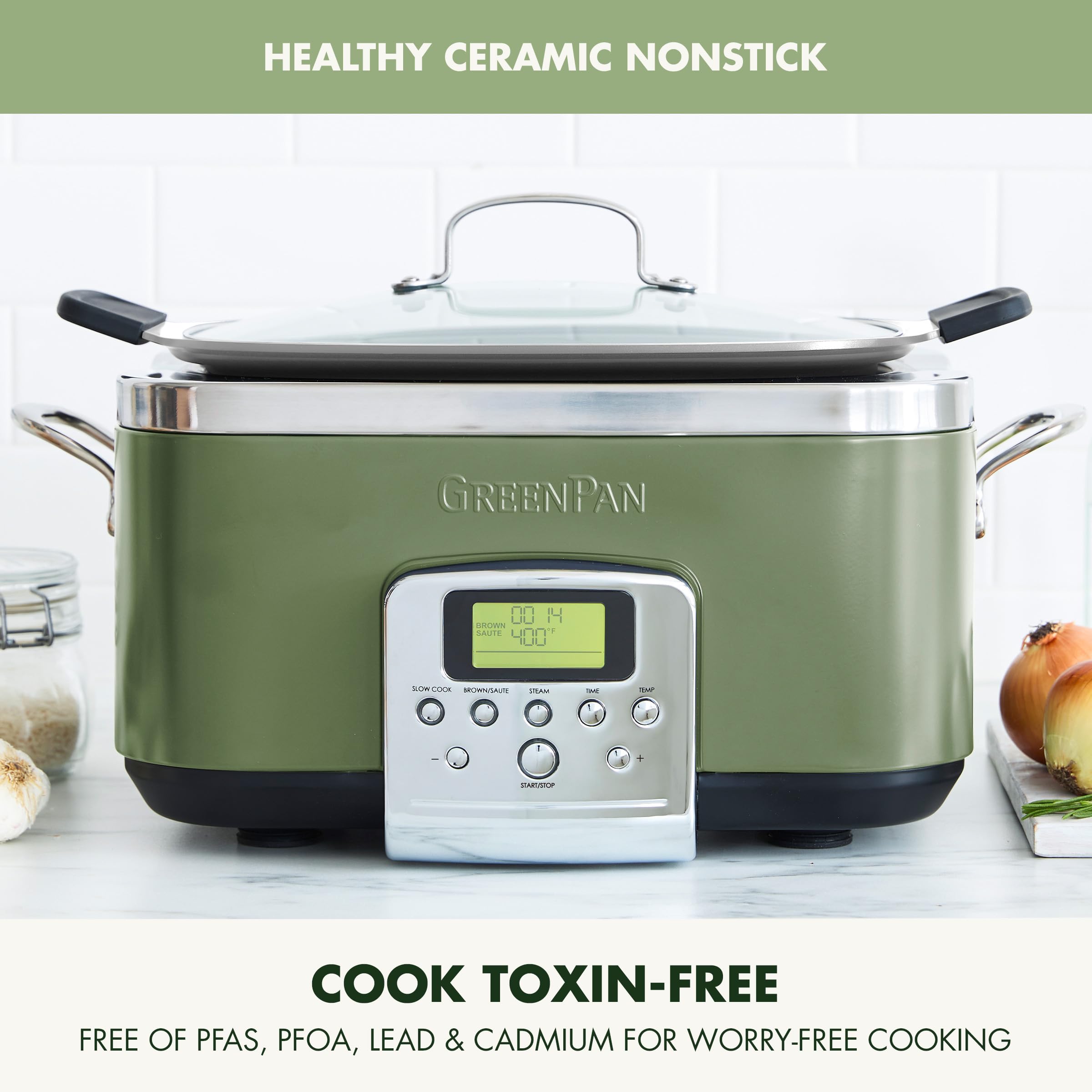 GreenPan Elite 8-in-1 Programmable 6QT Electric Slow Cooker with Ceramic Nonstick Crock, Sage Green