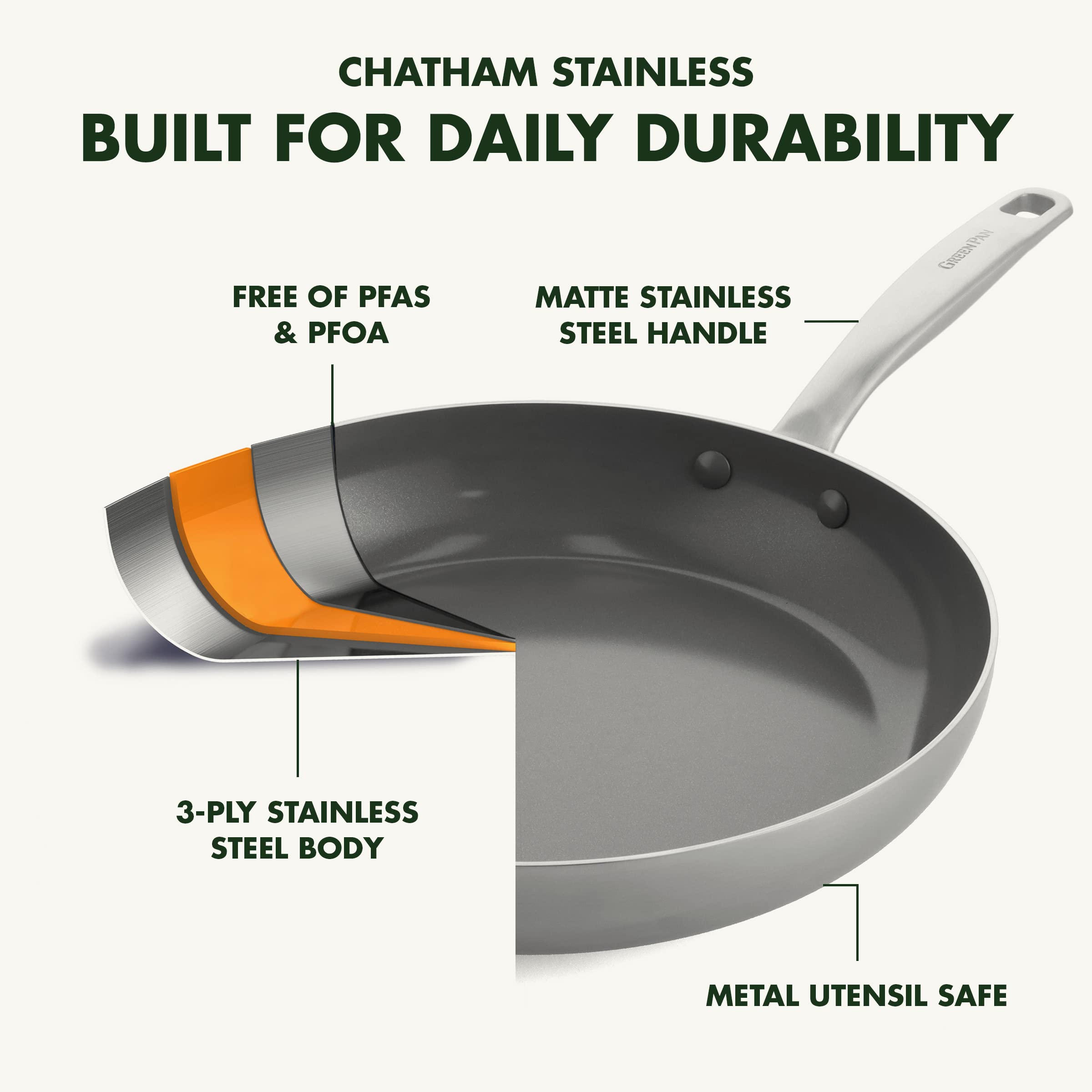 GreenPan Chatham 8" Stainless Steel Frying Pan — PFAS-Free Ceramic Nonstick, Induction Ready, Dishwasher Safe