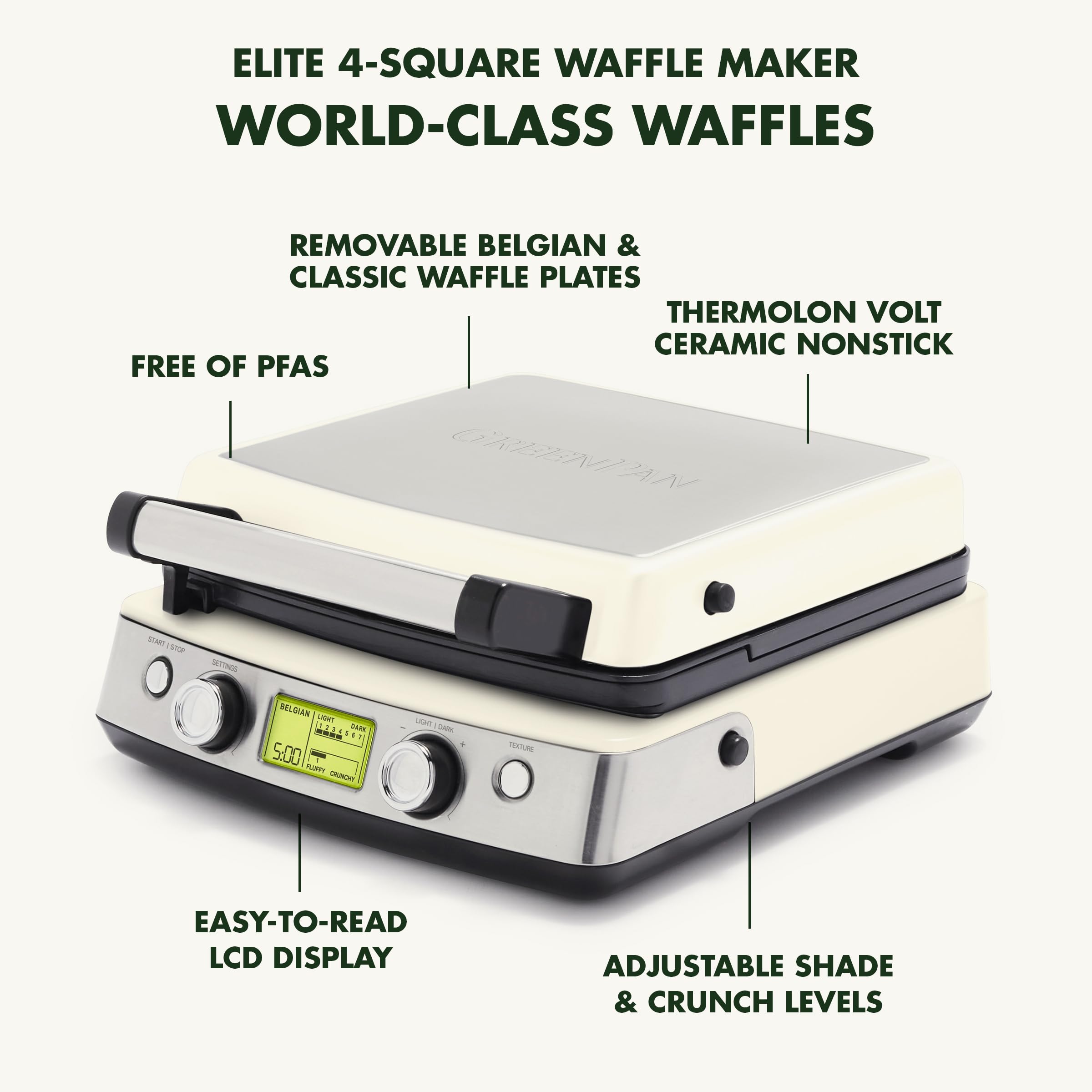 GreenPan Elite 4-Square Waffle Maker – Belgian & Classic, Adjustable Crunch Control, White
