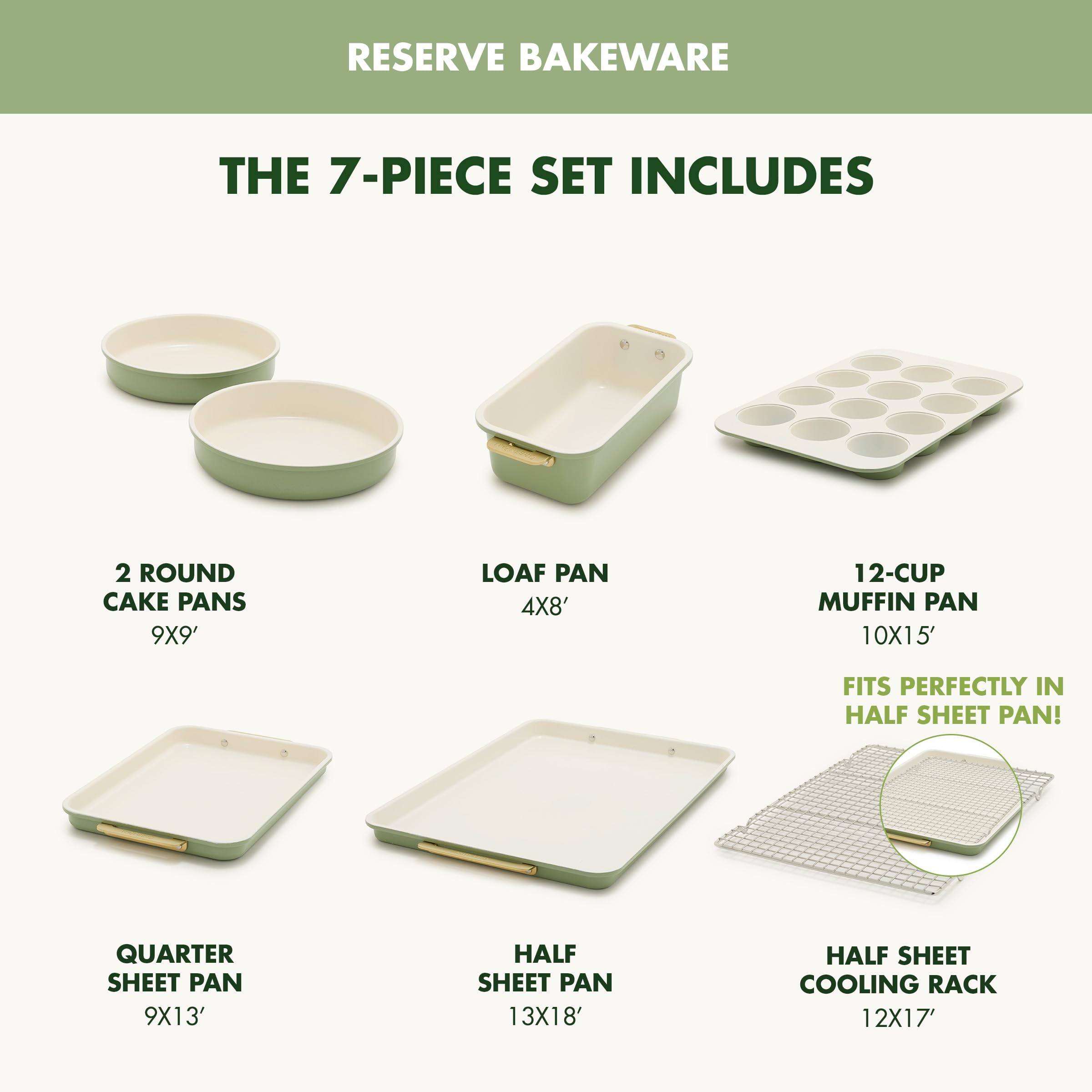 GreenPan Bakeware Set, 7-Piece Nonstick Ceramic with Gold Handles, Sage Green
