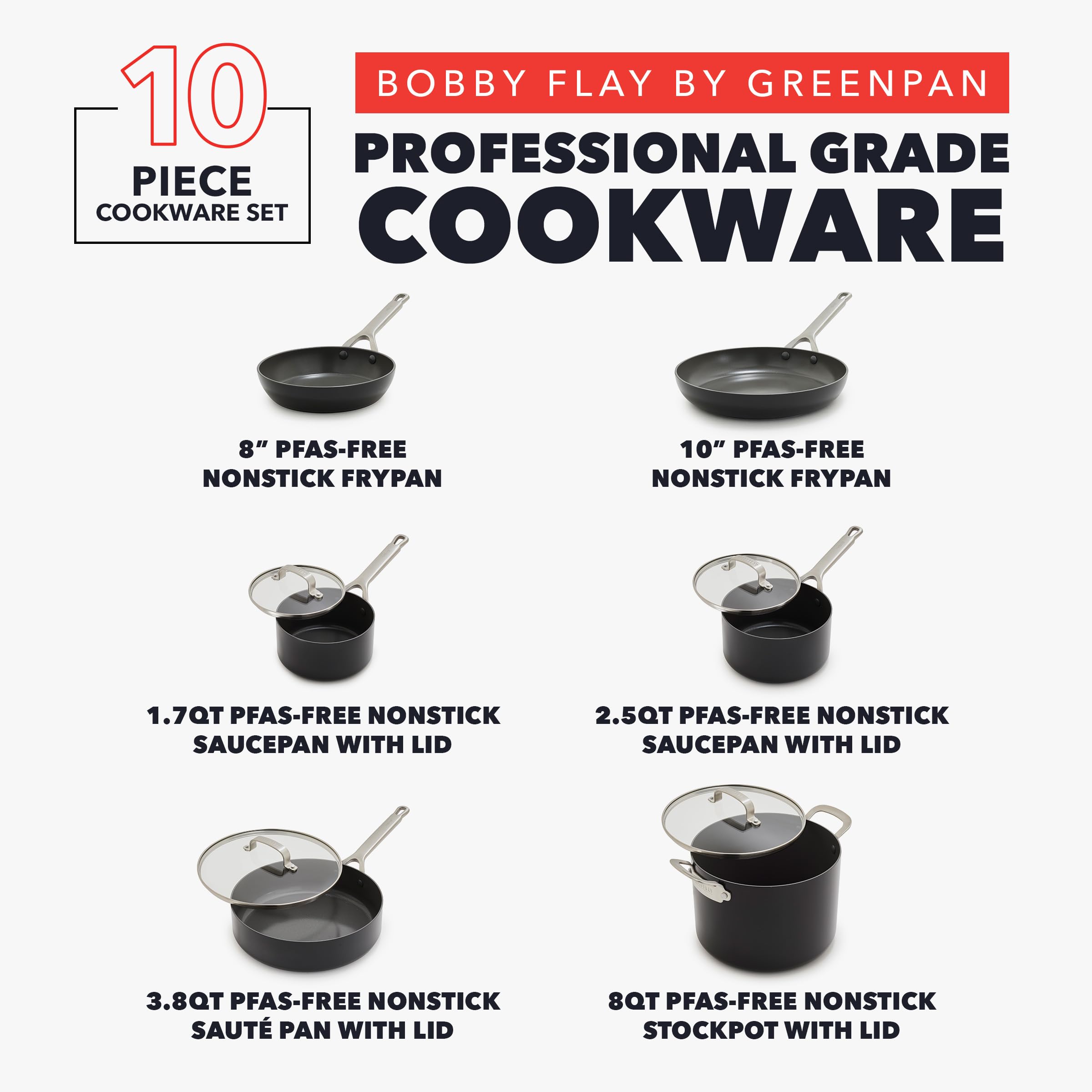 GreenPan x Bobby Flay Hard Anodized Nonstick 10-Piece Cookware Set – PFAS-Free, Induction Suitable, Black