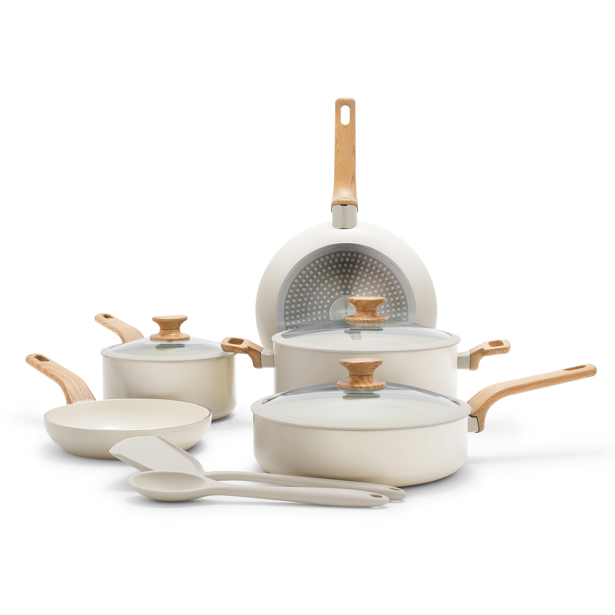 GreenPan Rio Essence Wood 10-Piece Ceramic Nonstick Cookware Set, White with Wood-Print Handles
