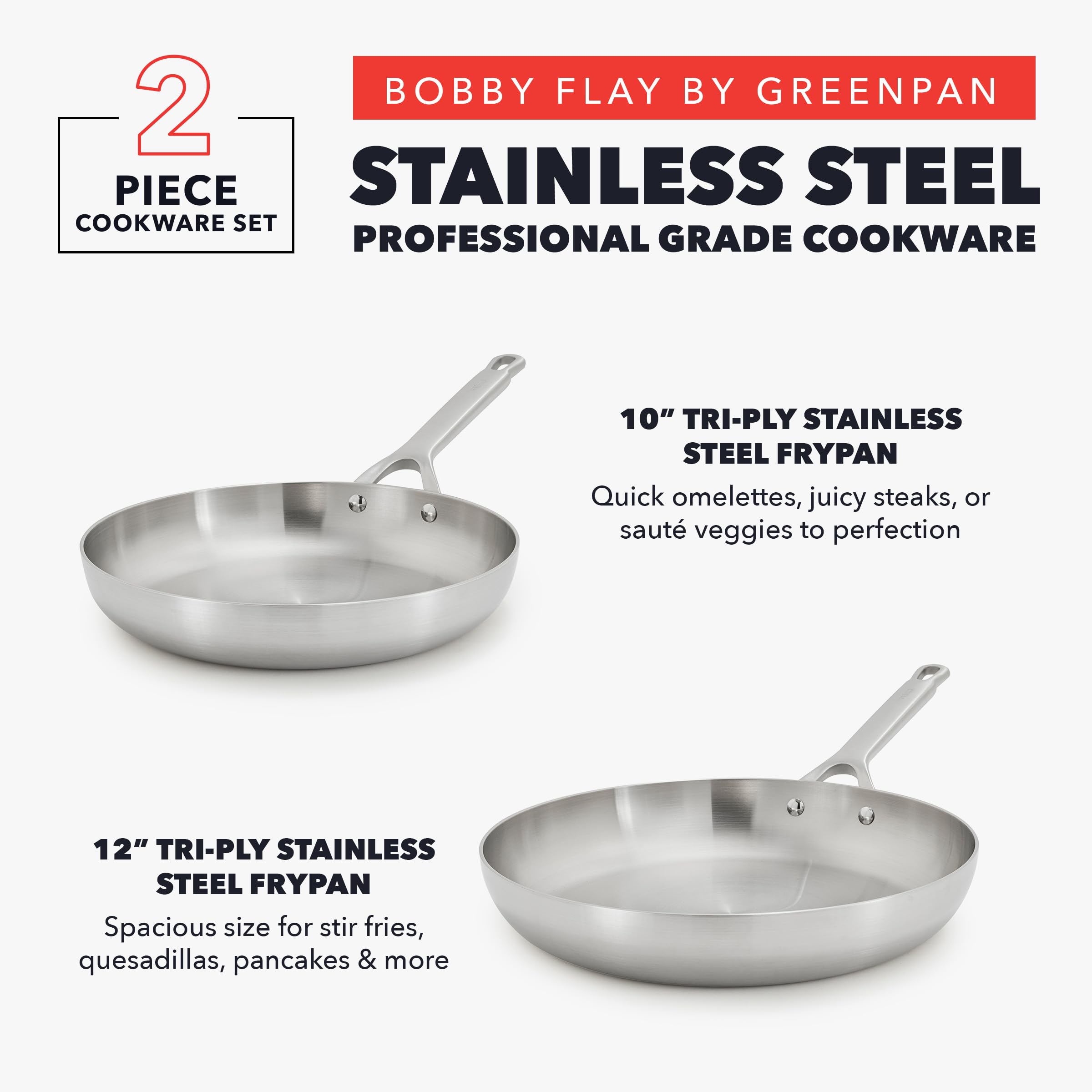 GreenPan x Bobby Flay Tri-Ply Stainless Steel Frying Pan Set (8, 10 Inch)