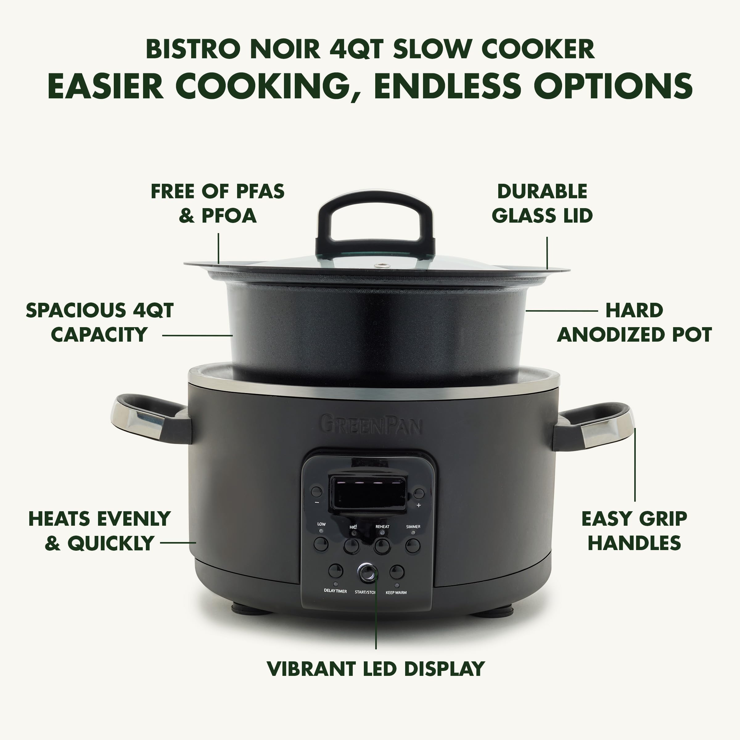 GreenPan Bistro Noir 6-in-1 4QT Electric Slow Cooker with Glass Lid – Black
