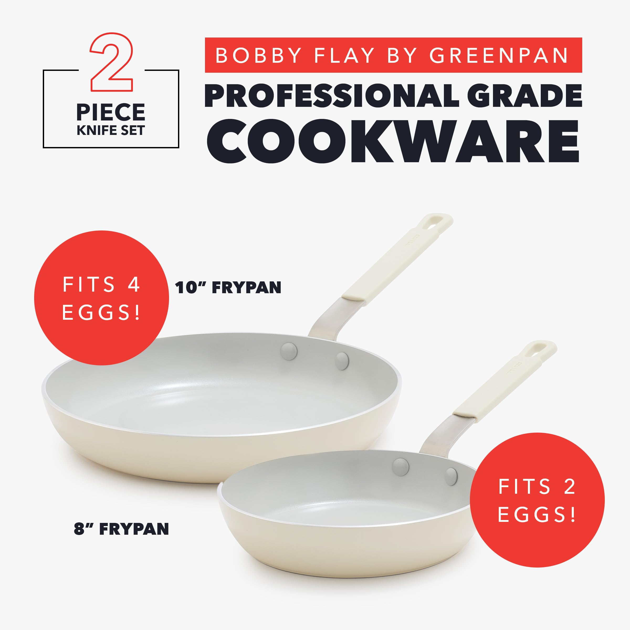 GreenPan x Bobby Flay Pro 2-Piece Frying Pan Set – 8” & 10” Nonstick, Cream