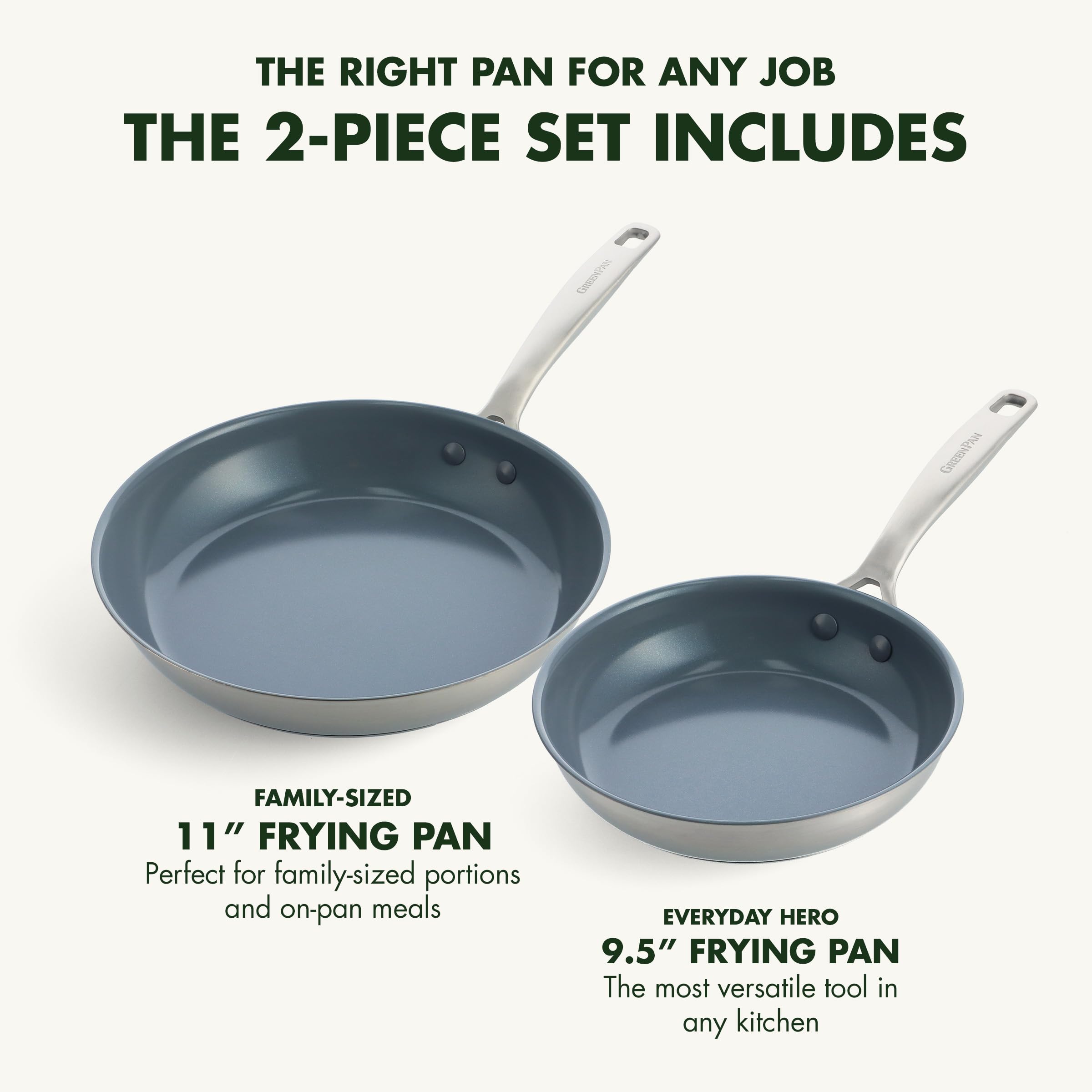 GreenPan Treviso 9.5" and 11" Frying Pan Skillet Set, PFAS-Free Stainless Steel Ceramic Nonstick, Induction Ready, Oven Safe to 600°F