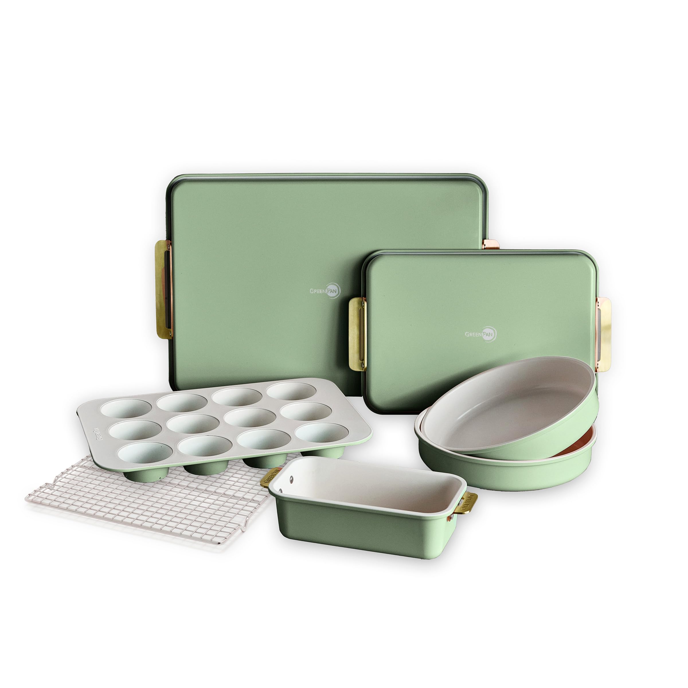 GreenPan Bakeware Set, 7-Piece Nonstick Ceramic with Gold Handles, Sage Green