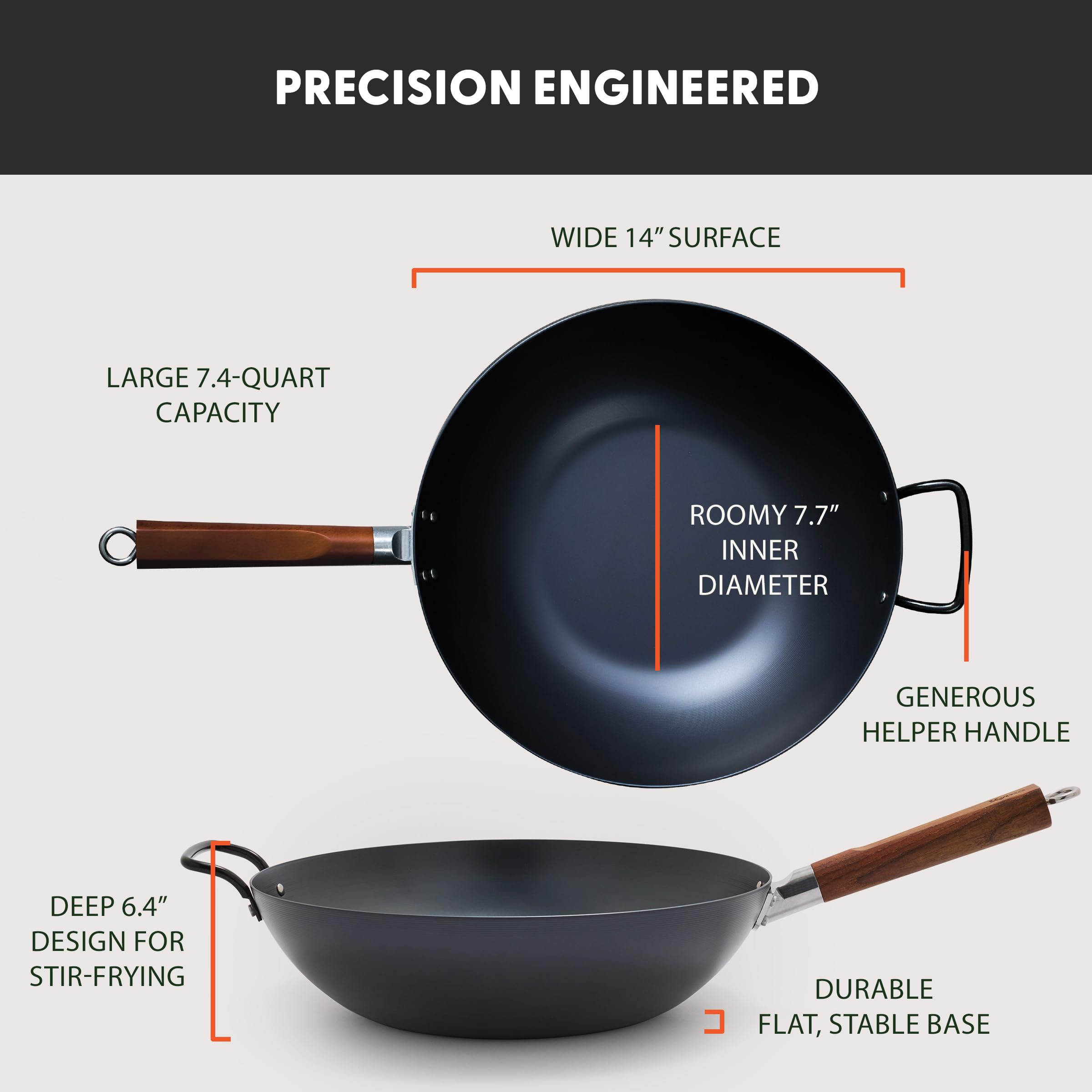 GreenPan Kyoto Carbon Steel Wok 14 in – Flat Bottom – Black