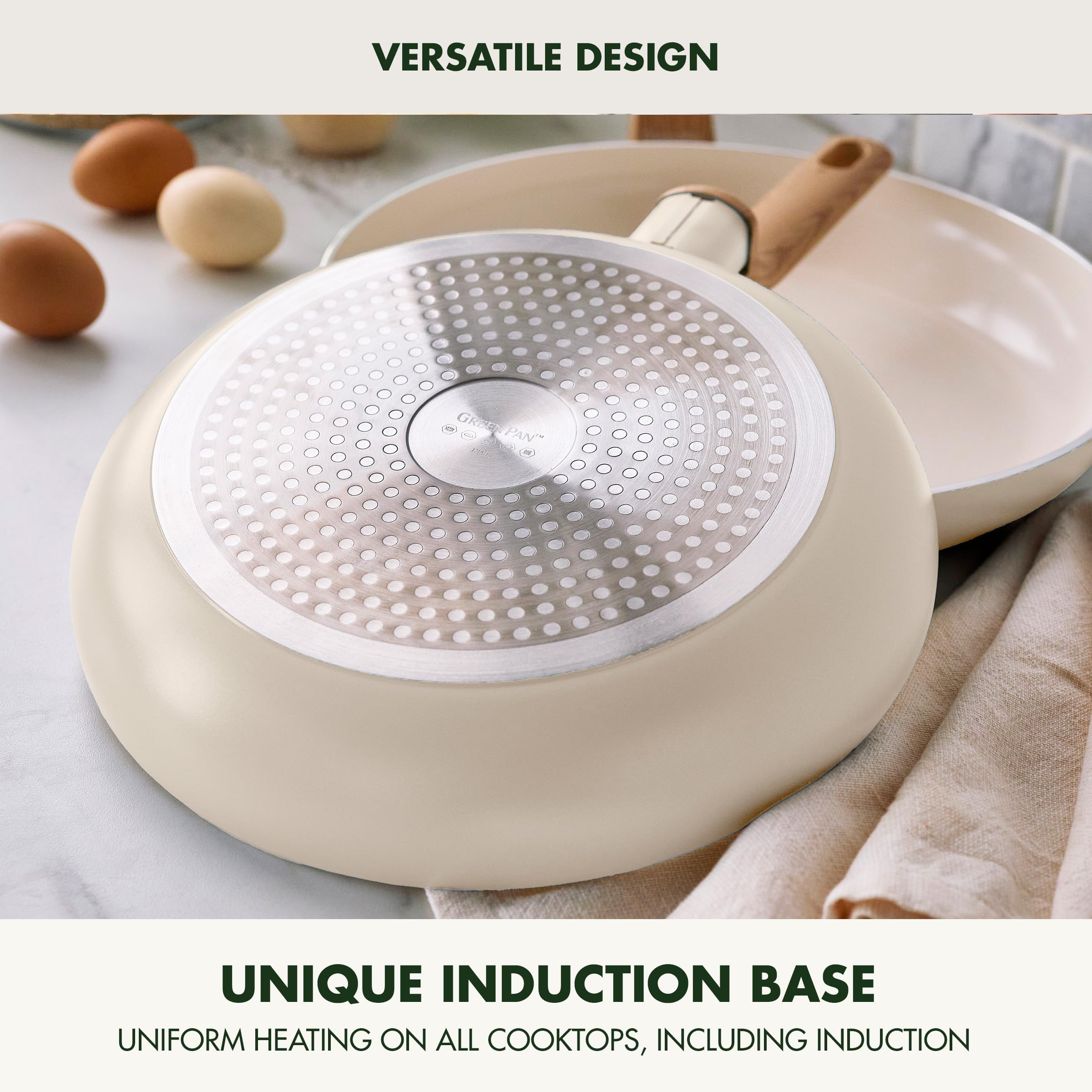 GreenPan Rio Essence Wood 10-Piece Ceramic Nonstick Cookware Set, White with Wood-Print Handles