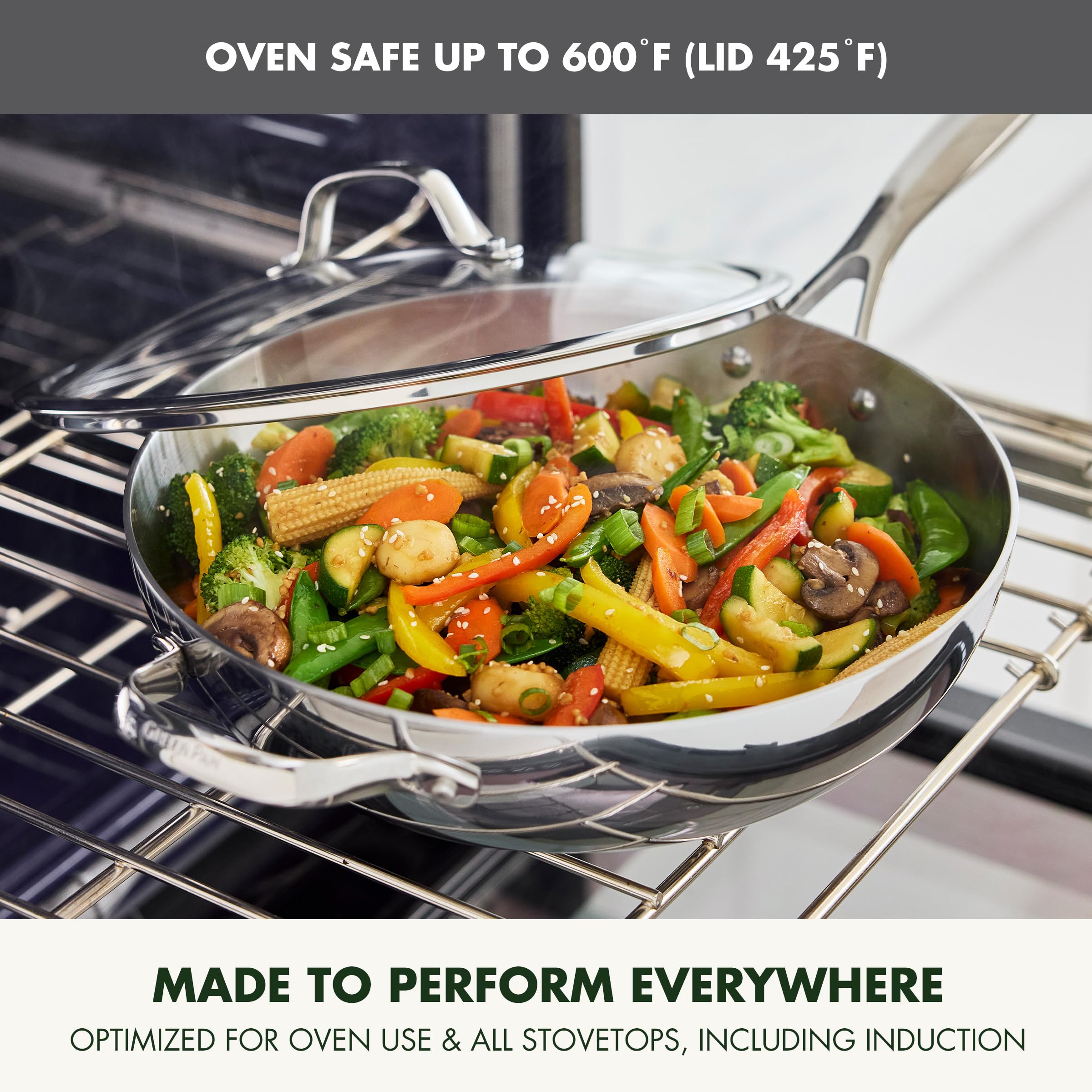 GreenPan Valencia Pro Tri-Ply Stainless Steel 12" Wok with Lid – Induction Ready, Mirror Finish, Oven Safe to 600°F