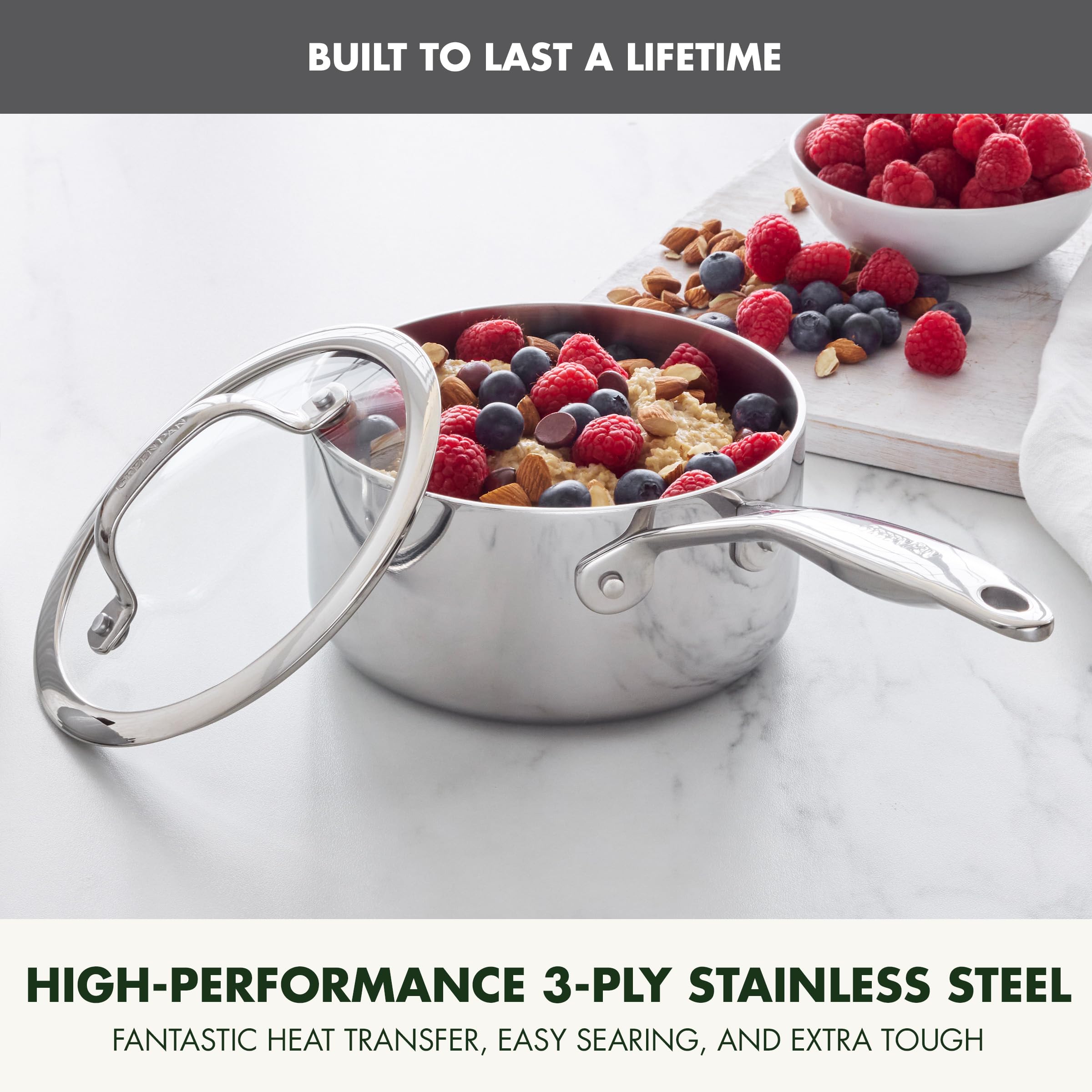 GreenPan Valencia Pro Tri-Ply Stainless Steel 1.6QT Chef's Pan with Lid