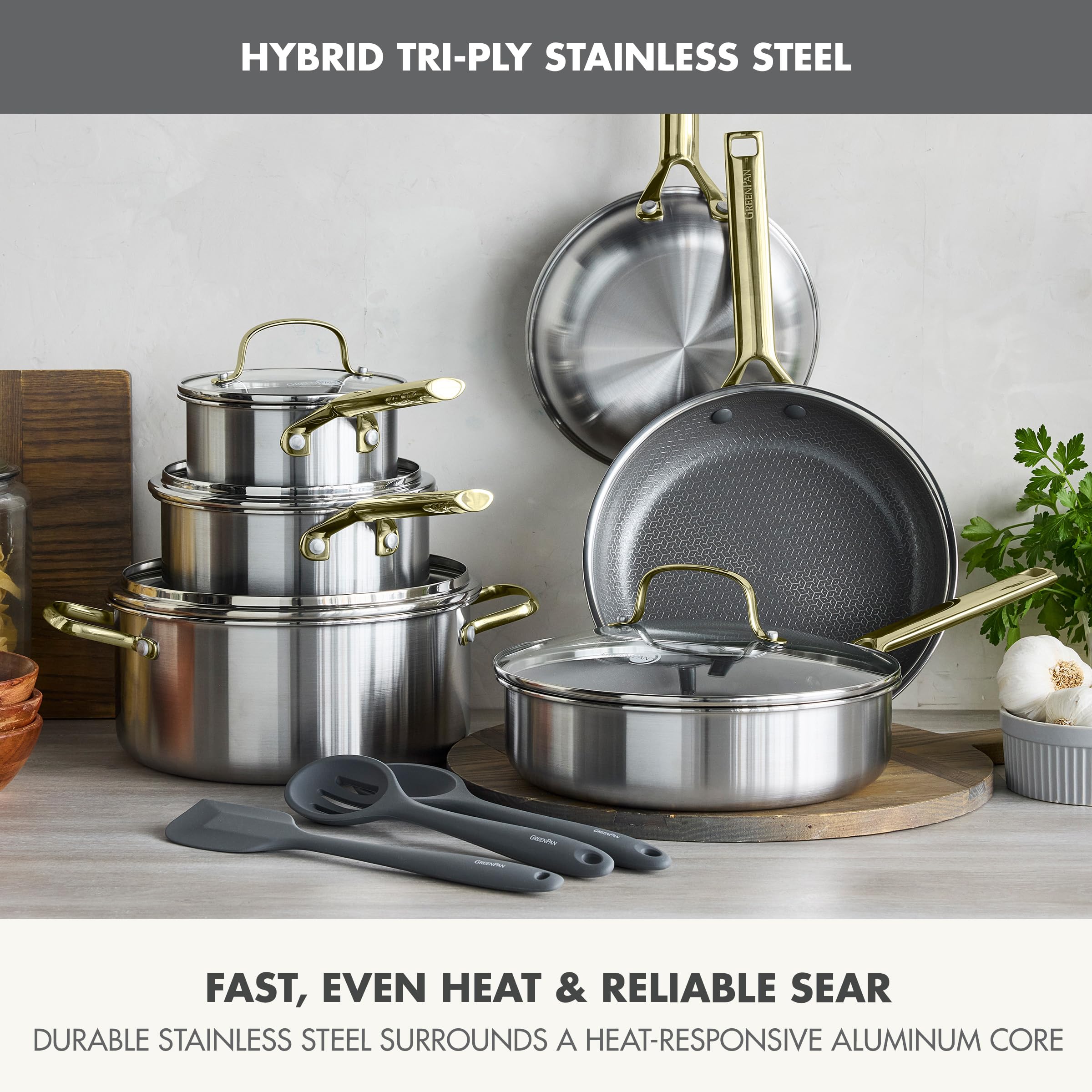 GreenPan APEX Hybrid 13-Piece Stainless Steel Nonstick Cookware Set — Tri-Ply Thermobond, PFAS-Free Ceramic, Induction Compatible, Oven Safe to 850°F, Gold