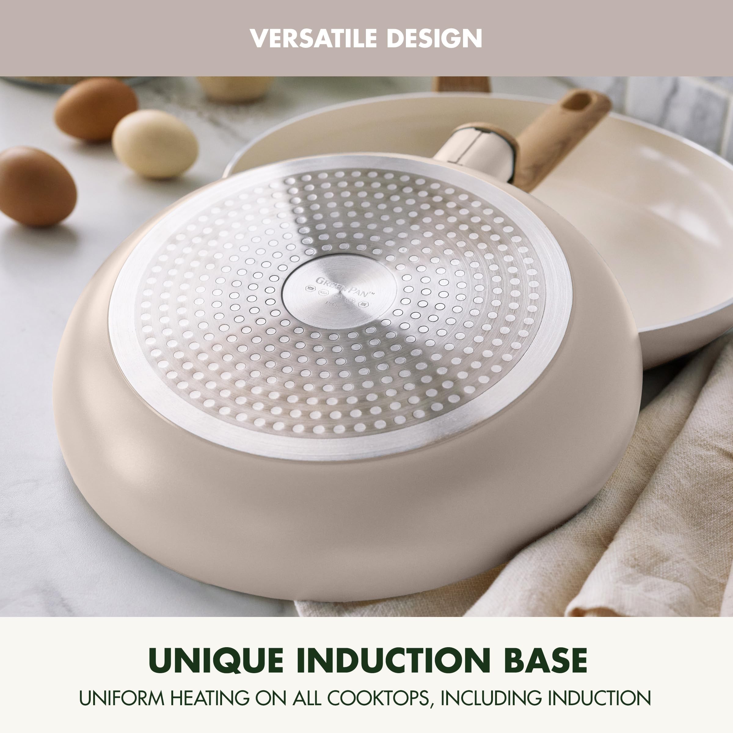 GreenPan Rio Essence Wood 10-Piece Cookware Set — Ceramic Nonstick, Induction, Silicone-Rim Lids, Wood-Print Handles, Taupe