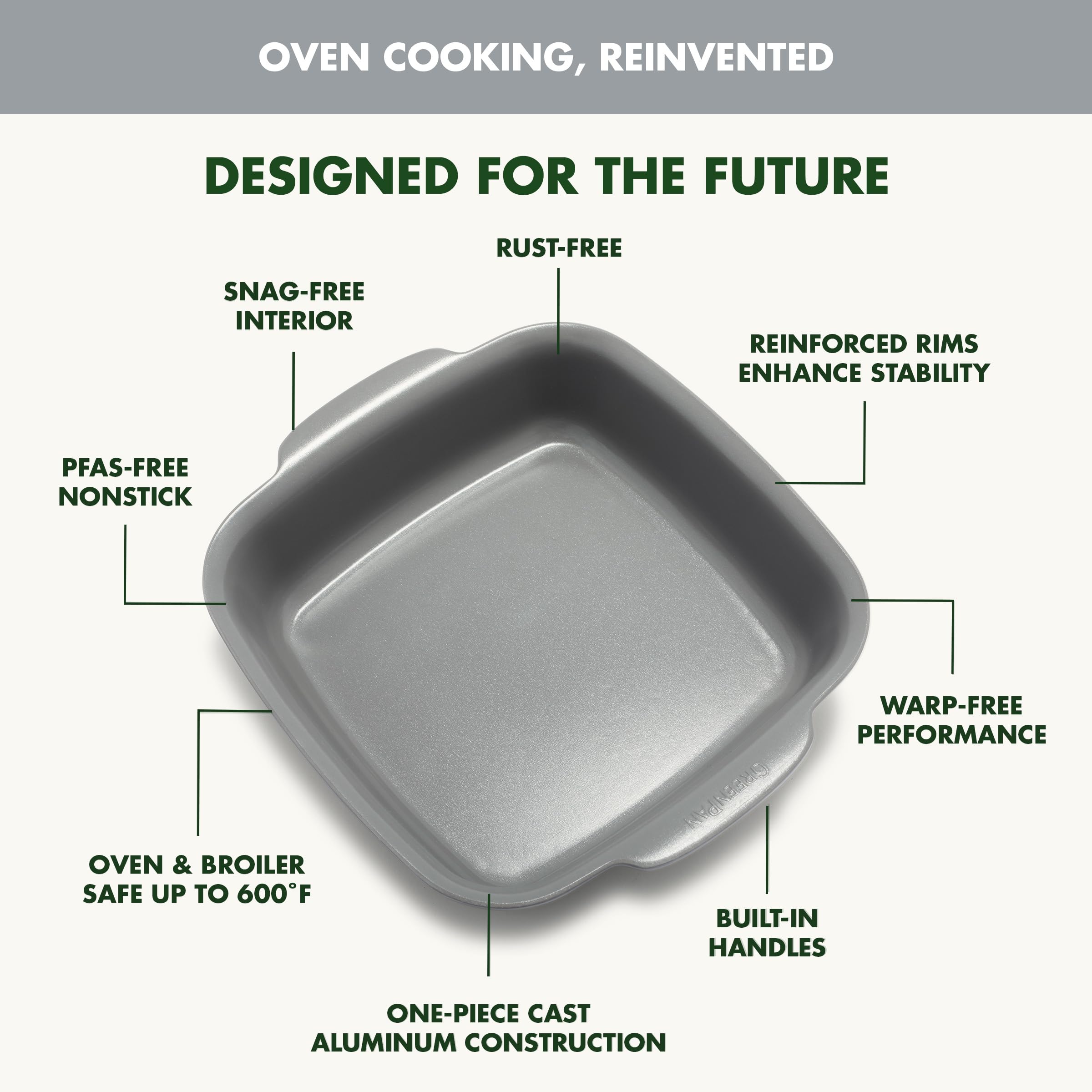 GreenPan Premiere Ovenware 8" Square Cake Baking Pan – Ceramic Nonstick Cast Aluminum, Gray