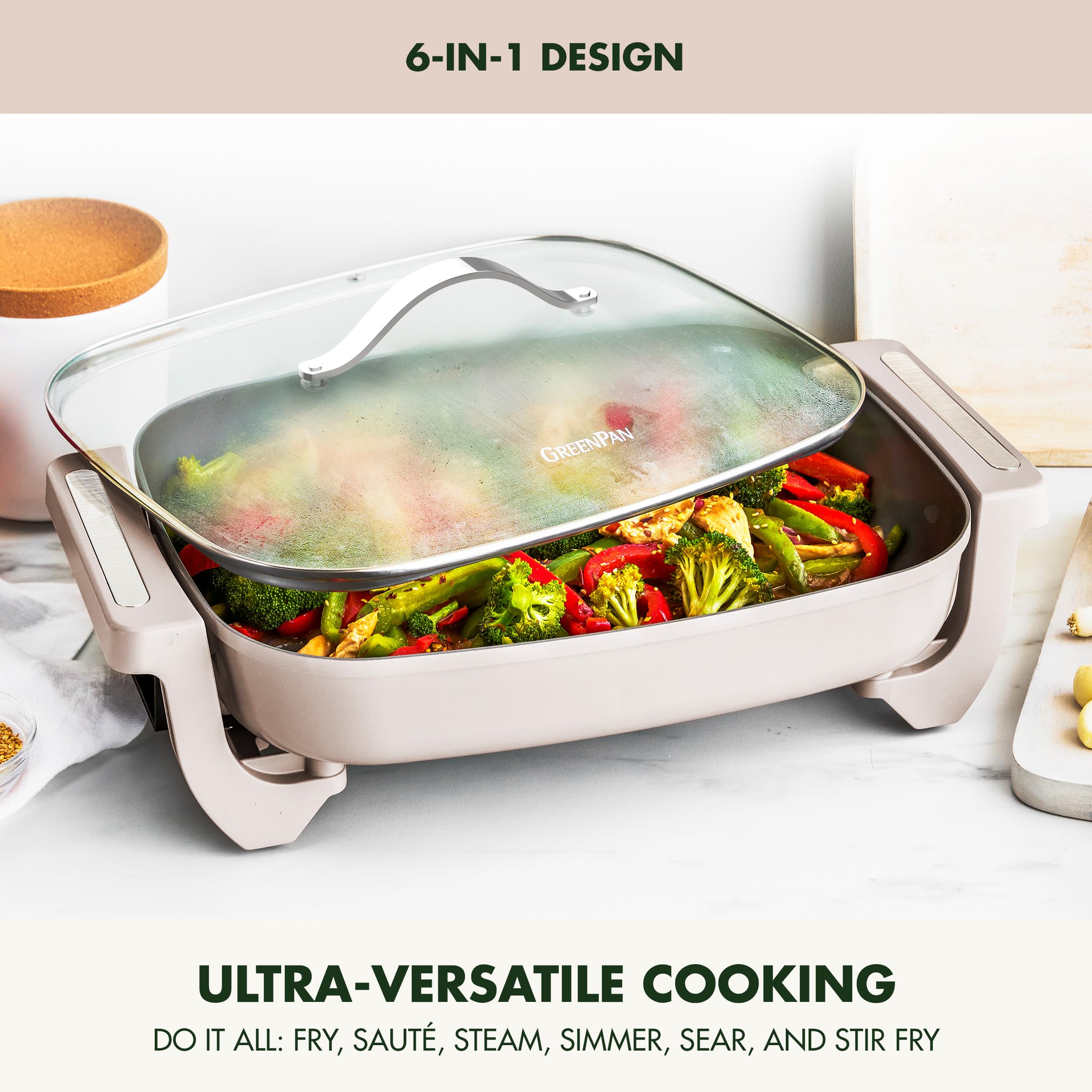 GreenPan Advanced 12 in x 15 in Electric Skillet with Lid – 7QT – Clay