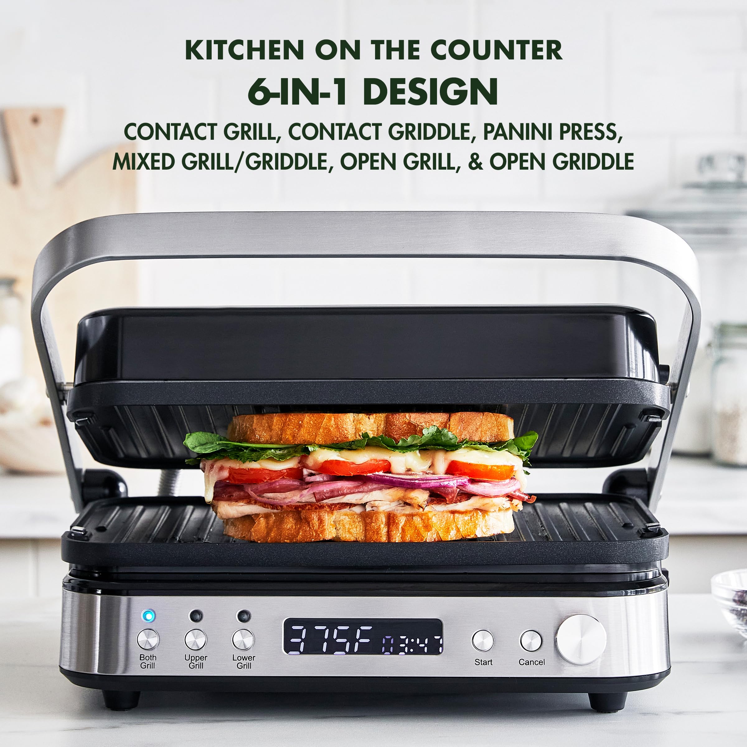 GreenPan Electric Indoor Stainless Steel 6-in-1 Contact Grill and Griddle