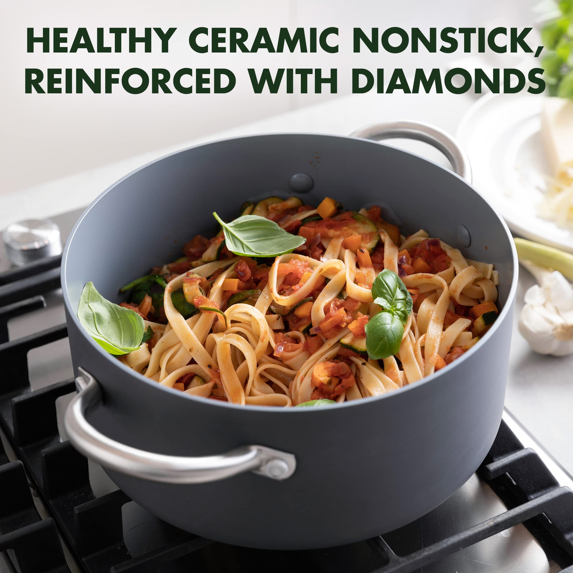 GreenPan Lima 5.2QT Nonstick Stock Pot with Glass Lid, Hard Anodized, Stainless Steel Handles, Gray