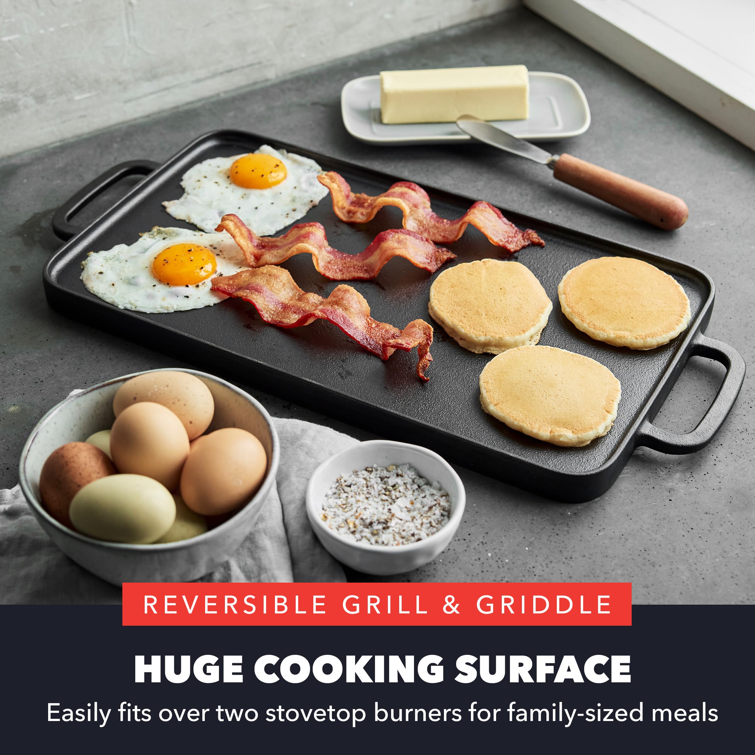 GreenPan x Bobby Flay Cast Iron Pre-Seasoned Reversible Double Burner Griddle (16.5 x 9.5 inches)