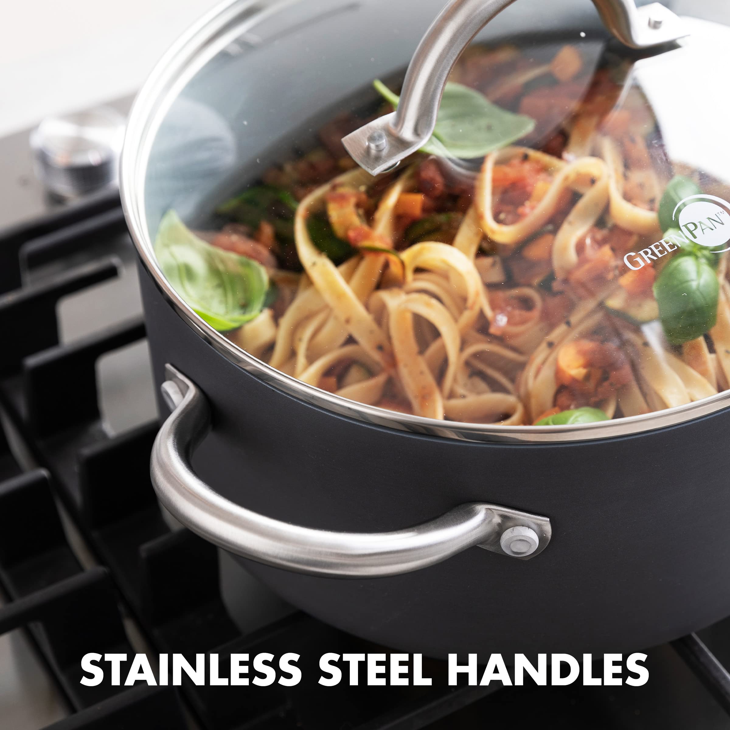 GreenPan Lima 5.2QT Nonstick Stock Pot with Glass Lid, Hard Anodized, Stainless Steel Handles, Gray