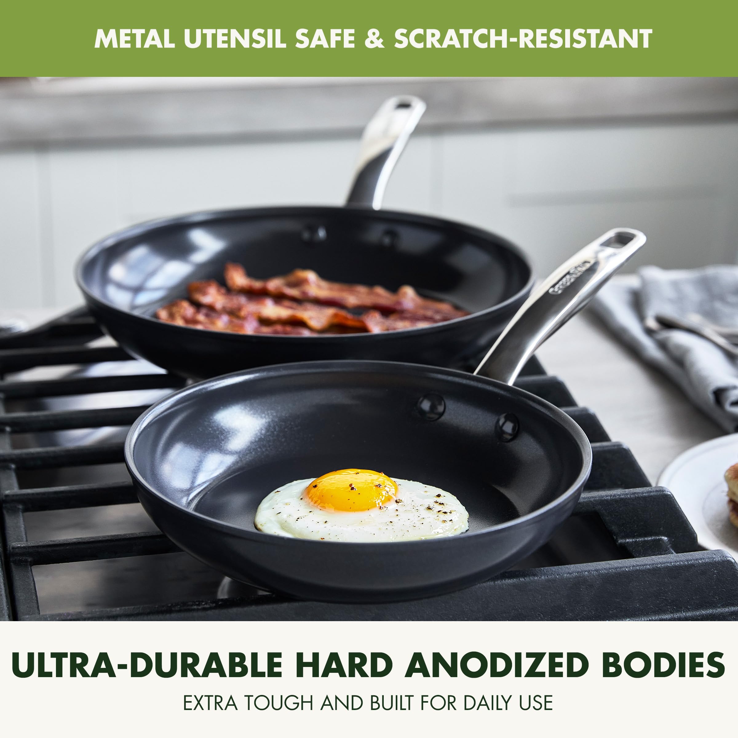 GreenPan Chatham Prime Midnight 8" and 10" Frying Pan Set, Hard Anodized, Diamond-Infused Nonstick, Black
