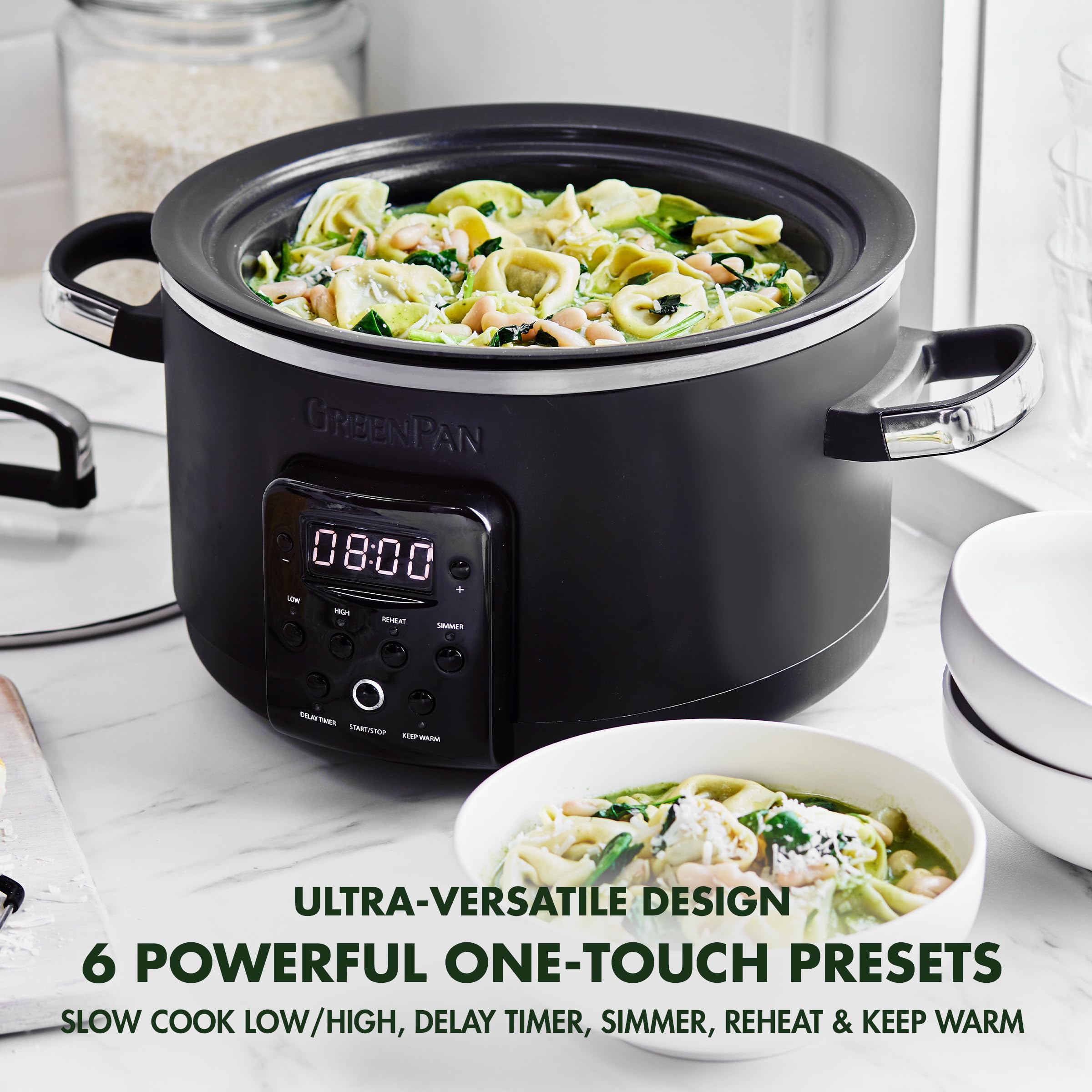 GreenPan Bistro Noir 6-in-1 4QT Electric Slow Cooker with Glass Lid – Black
