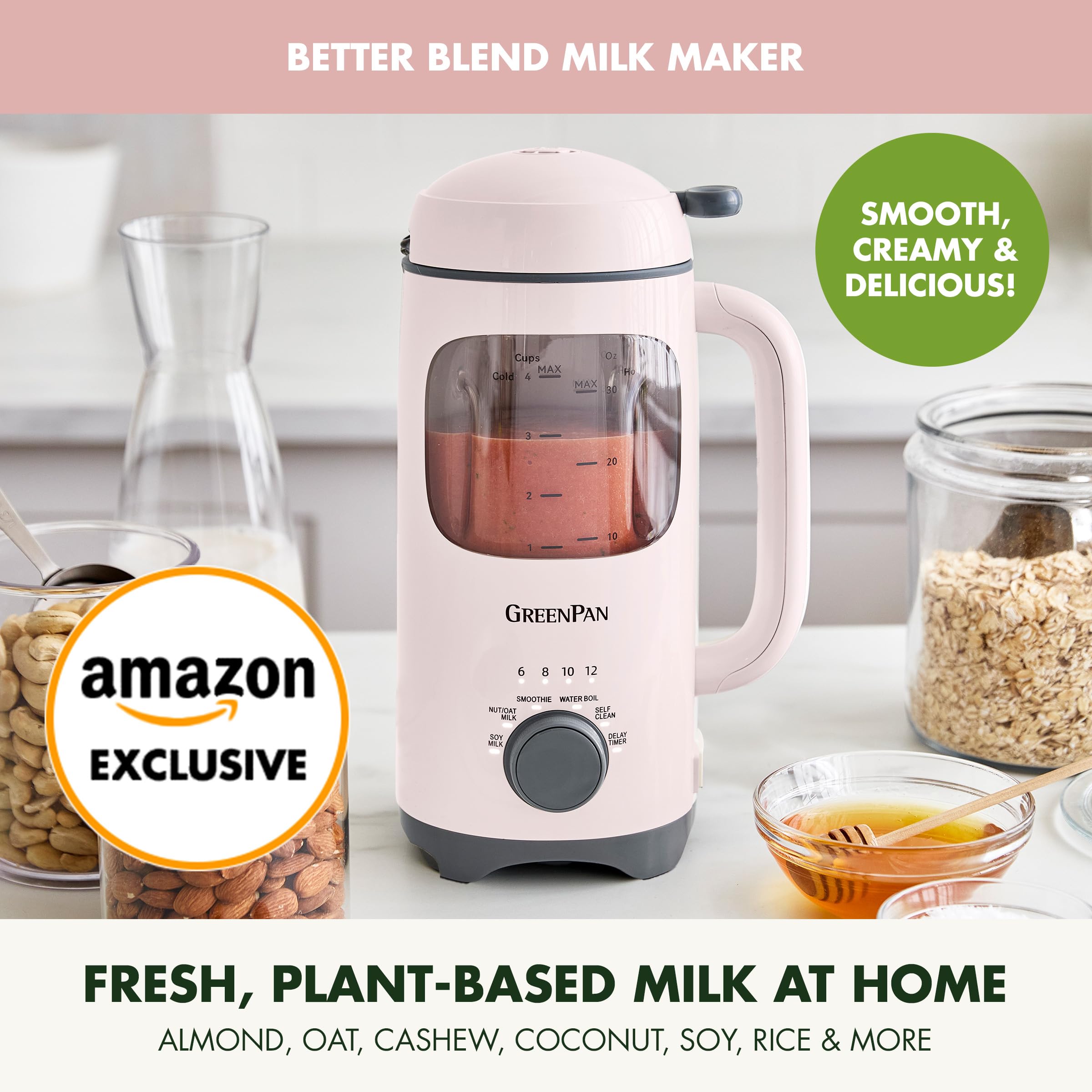 GreenPan Better Blend Milk Maker – 30oz Nut Milk Machine, 15-in-1, BPA-Free Glass, Self-Clean, Delay Timer, Pink