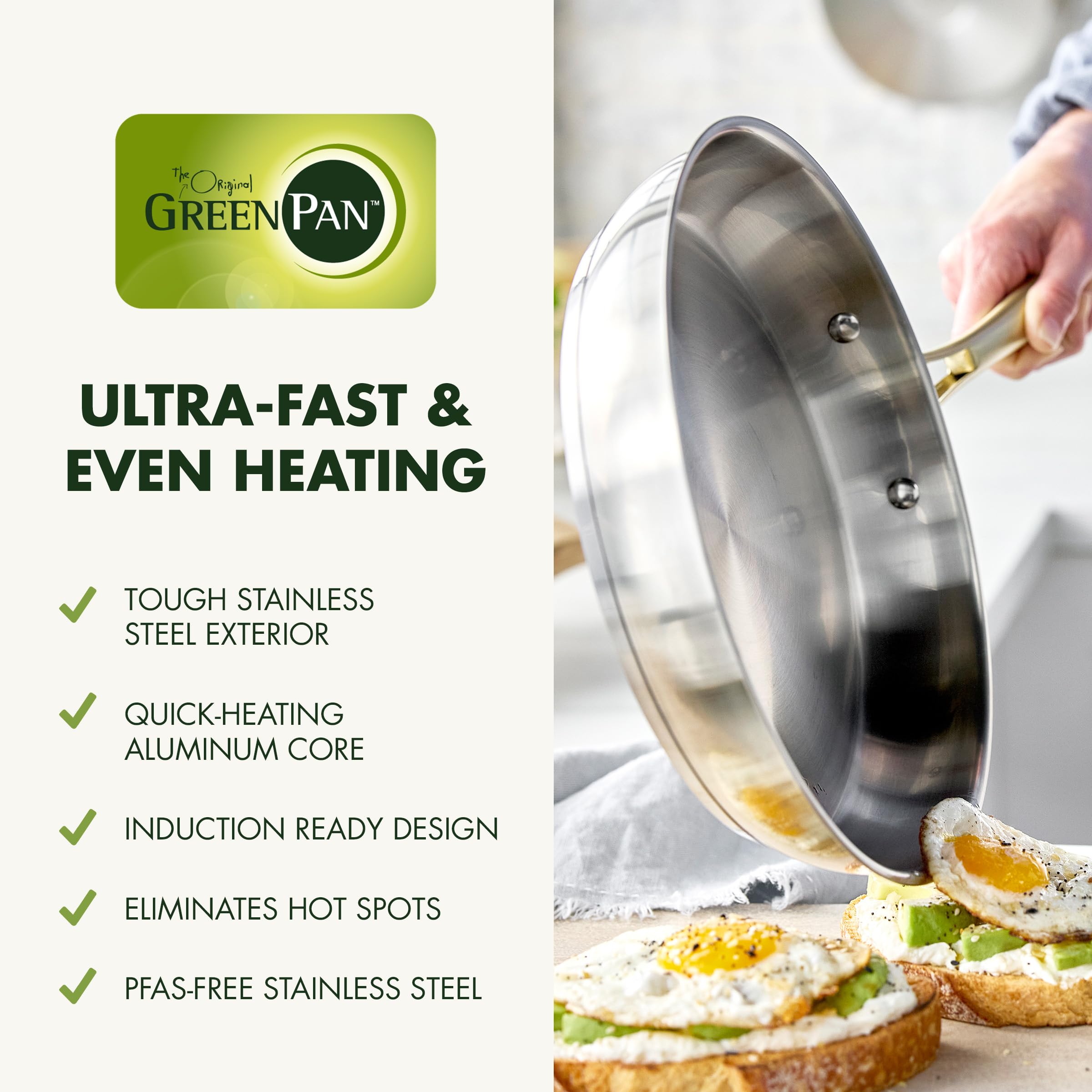 GreenPan Stainless Steel 11-Piece Cookware Set with Induction Base - Gold Accents