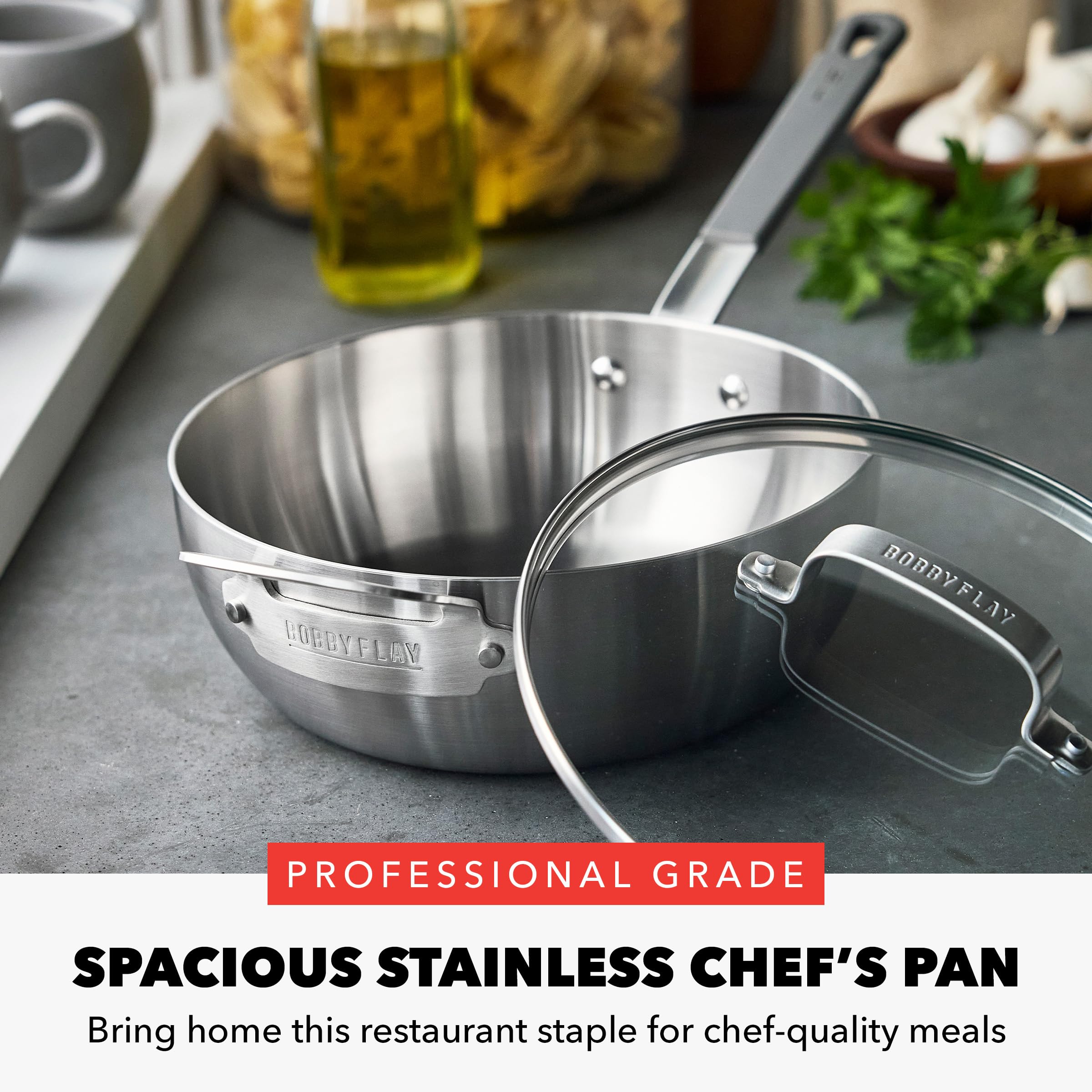 GreenPan x Bobby Flay Stainless Steel 3.75QT Saucepan with Glass Lid — Professional Tri-Ply Chef's Pan, Induction Ready, Oven Safe, Stay-Cool Handle