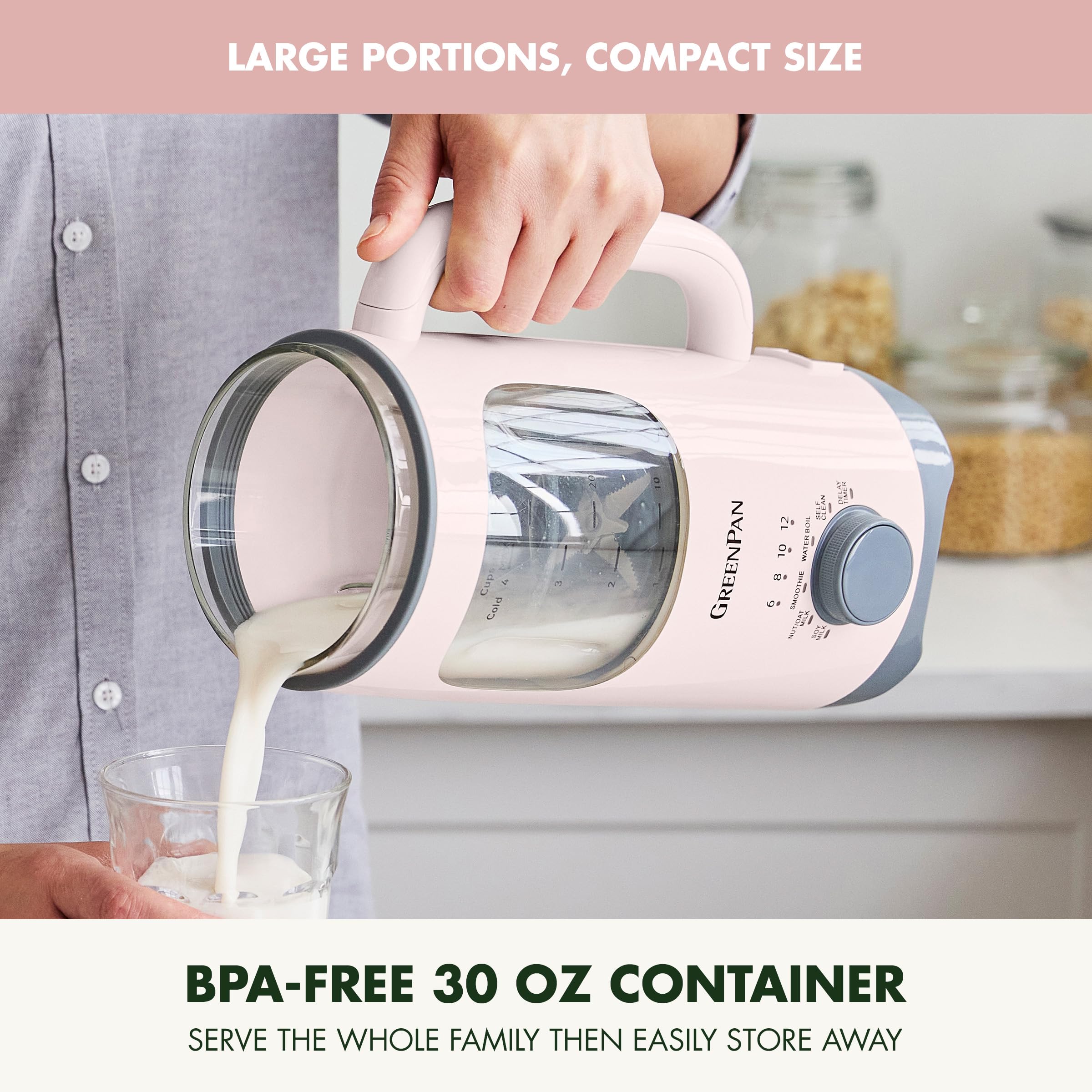 GreenPan Better Blend Milk Maker – 30oz Nut Milk Machine, 15-in-1, BPA-Free Glass, Self-Clean, Delay Timer, Pink