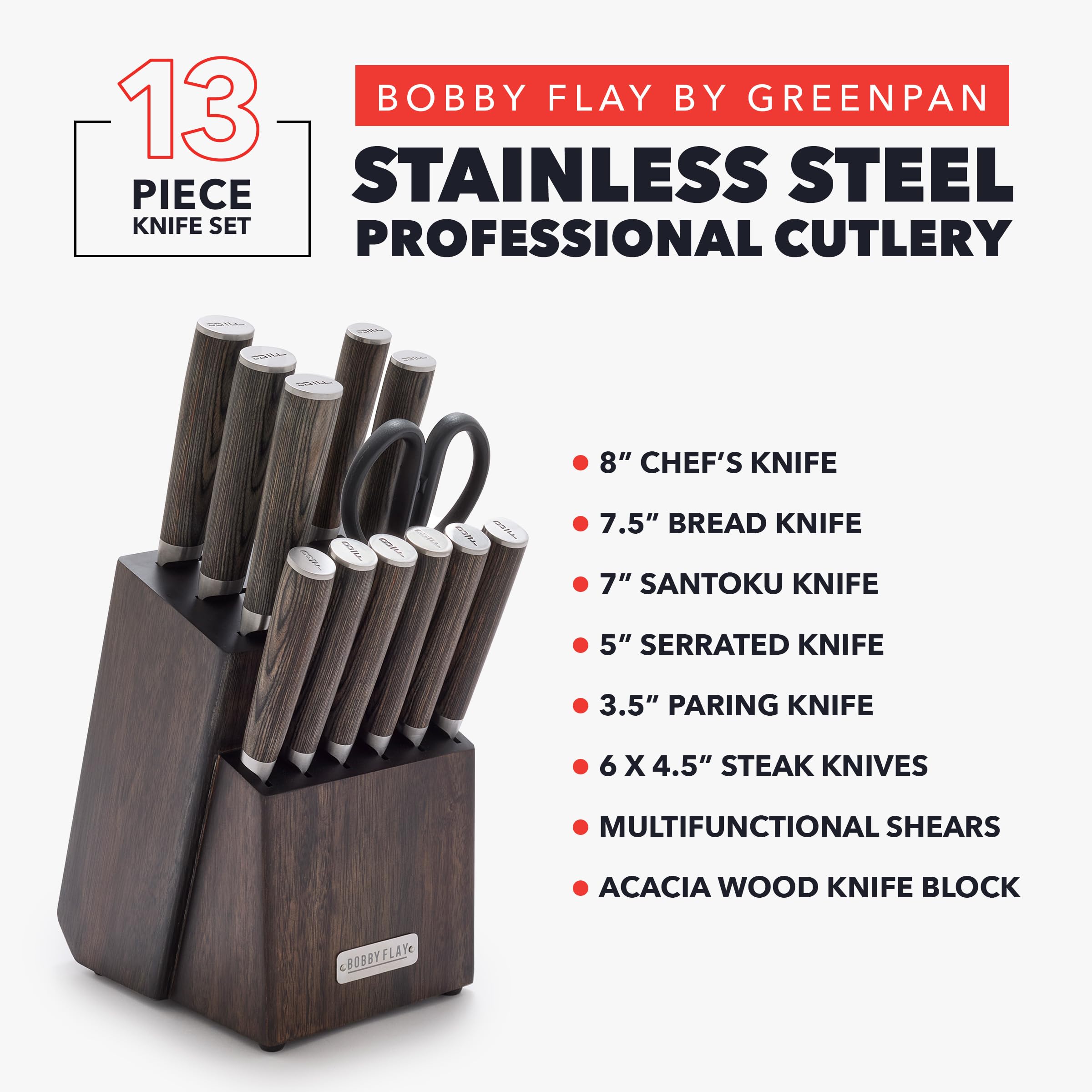 GreenPan x Bobby Flay 13-Piece Stainless Steel Knife Block Set with Acacia Wood Block