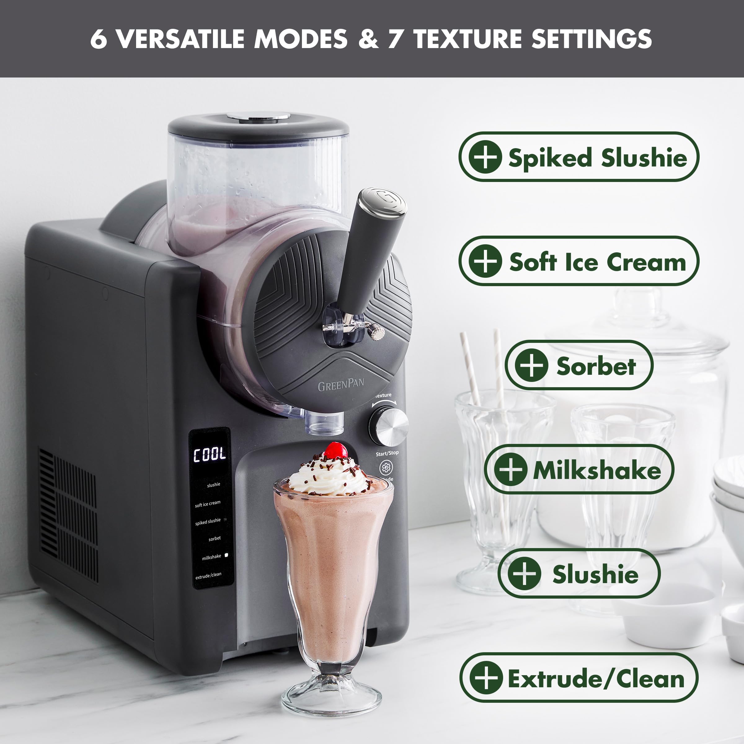 GreenPan Frost Ice Cream Maker & Slushie Machine – Self-Cleaning, 15-in-1, Family Size, Gray