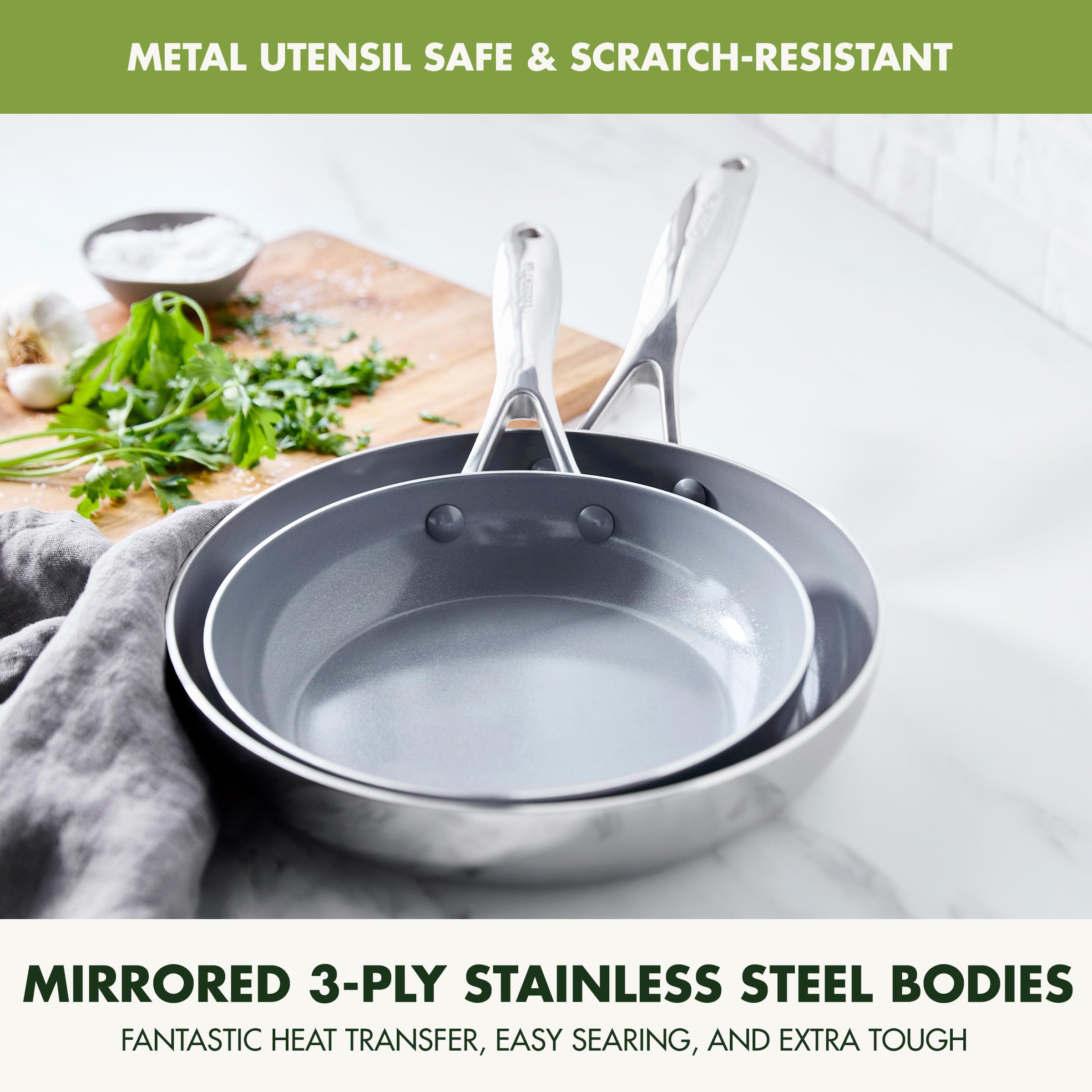 GreenPan Valencia Pro Tri-Ply Stainless Steel 8" & 10" Frying Pan Skillet Set