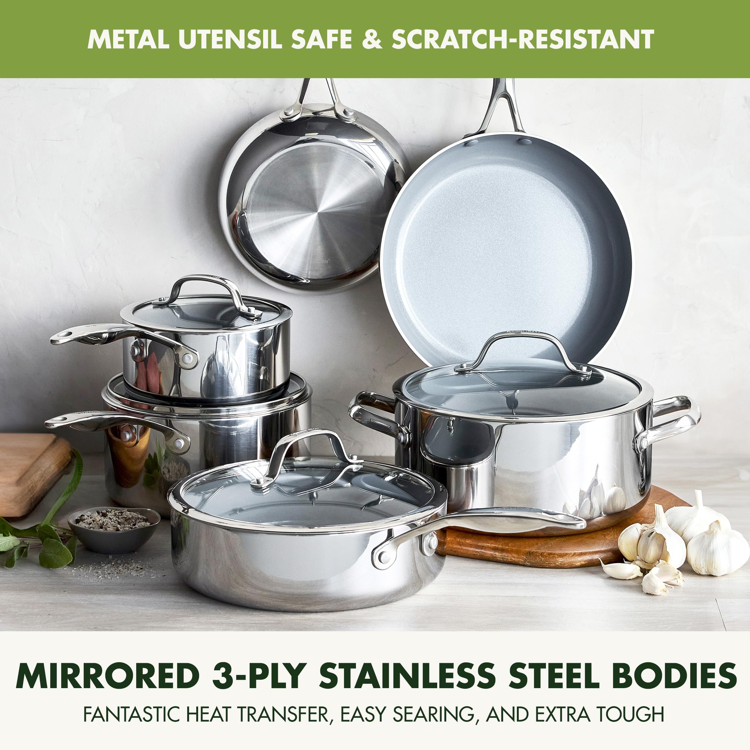 GreenPan Valencia Pro Tri-Ply Stainless Steel 10-Piece Cookware Set – PFAS-Free Ceramic Nonstick, Induction Ready, Oven Safe to 600°F
