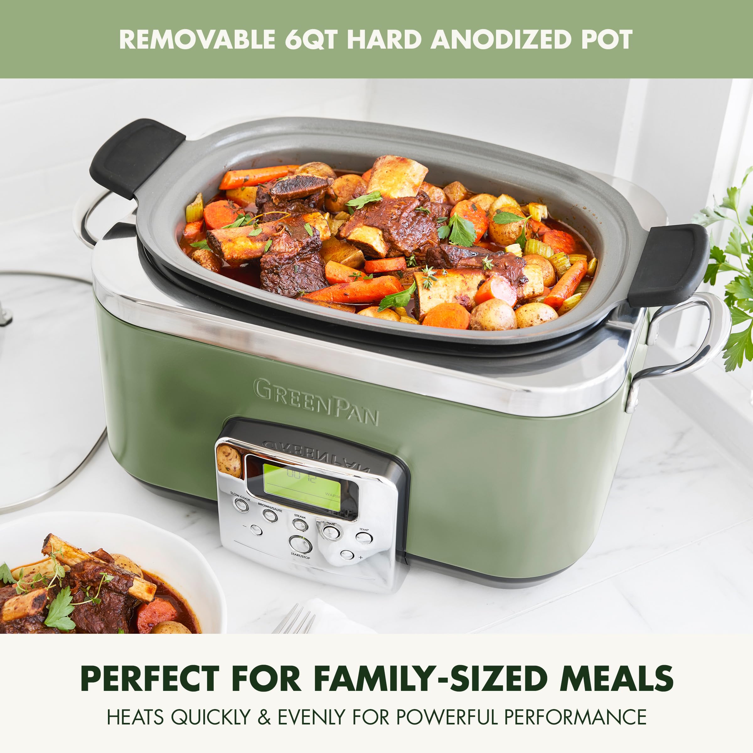 GreenPan Elite 8-in-1 Programmable 6QT Electric Slow Cooker with Ceramic Nonstick Crock, Sage Green