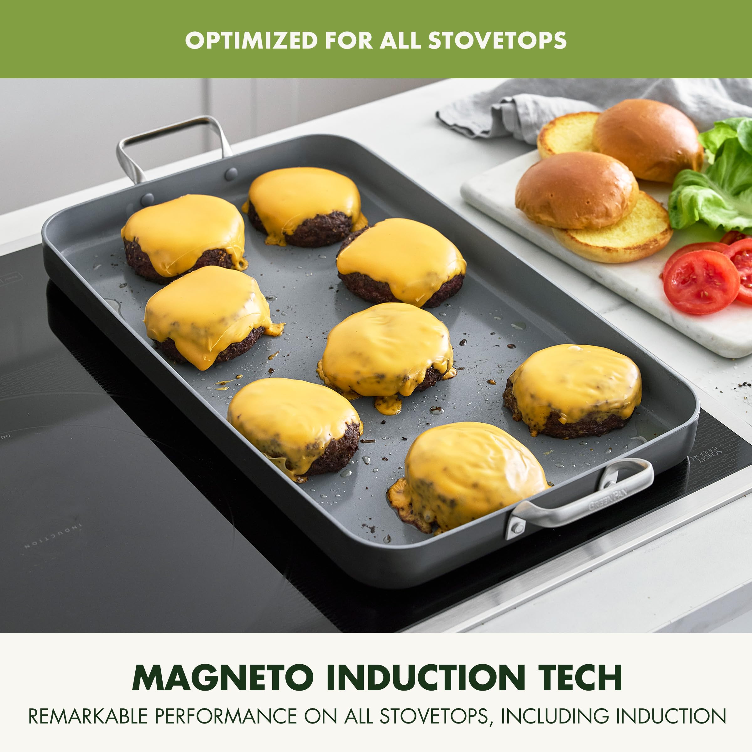 GreenPan Valencia Pro Ceramic Nonstick 18" x 11" Double Burner Griddle Pan — Hard Anodized, PFAS-Free, Induction Ready, Oven Safe to 600°F, Gray